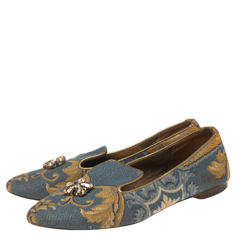 Dolce & Gabbana Multicolor Brocade Embellished Slip On Loafers Size 37