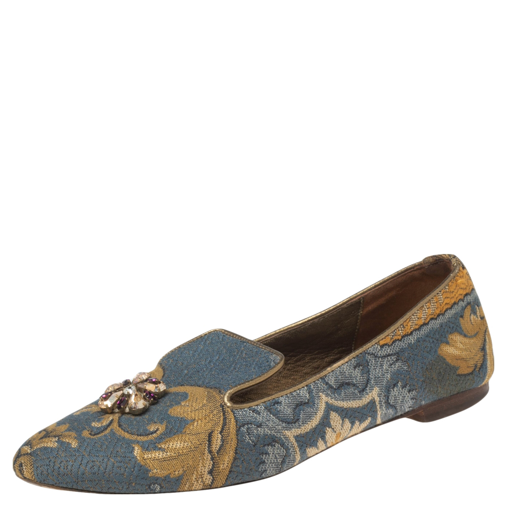 Dolce & Gabbana Multicolor Brocade Embellished Slip On Loafers Size 37