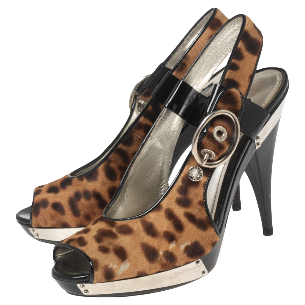Dolce & Gabbana Black/Brown Leopard Print Pony Hair And Patent Leather Trim Platform Sandals Size 41