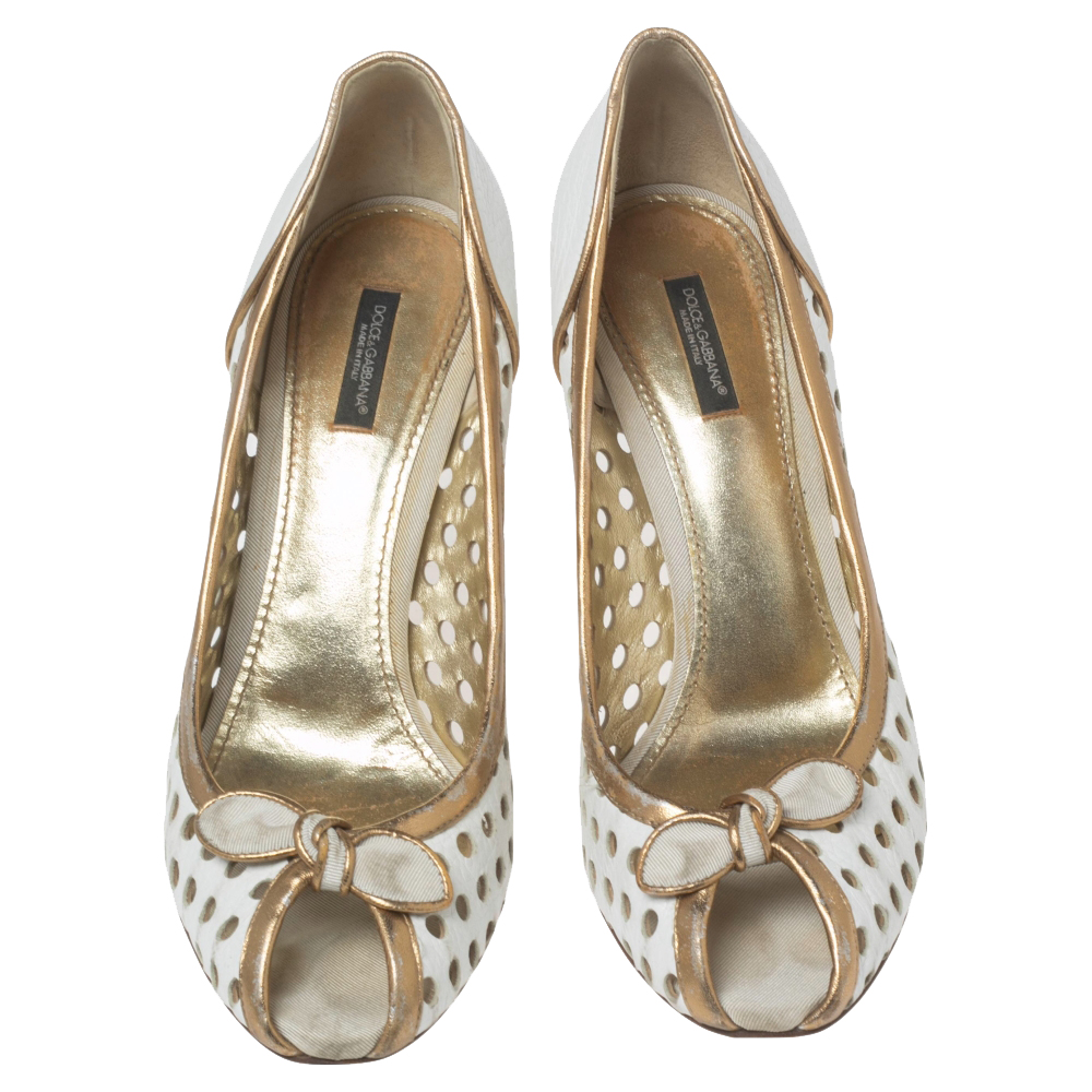 Dolce & Gabbana White/Gold Perforated Leather Bow Detail Peep Toe Pumps Size 41