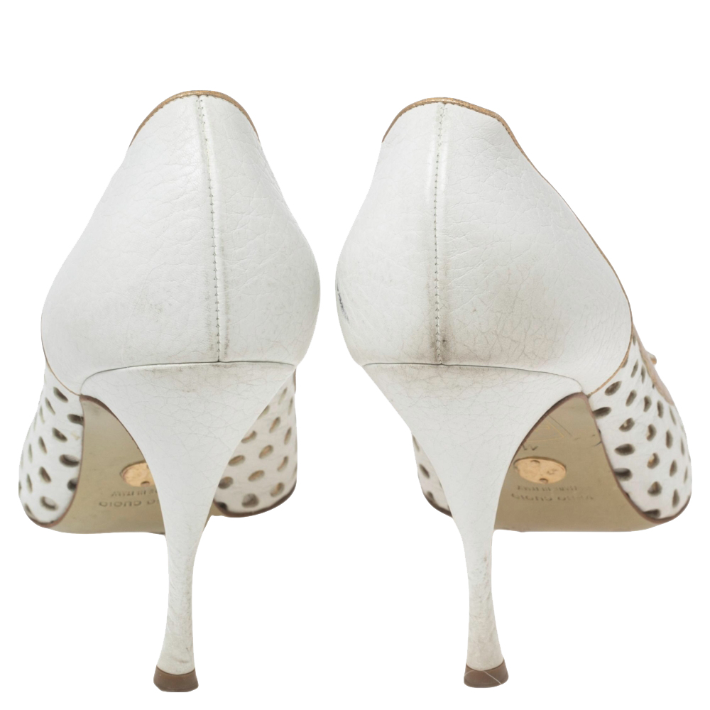 Dolce & Gabbana White/Gold Perforated Leather Bow Detail Peep Toe Pumps Size 41