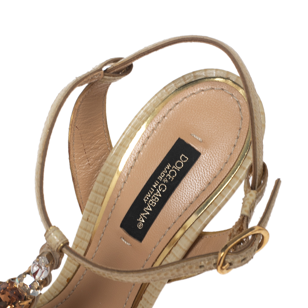 Dolce & Gabbana Beige Lizard Embossed Leather Crystal Embellished T-Strap Sandals Size 37