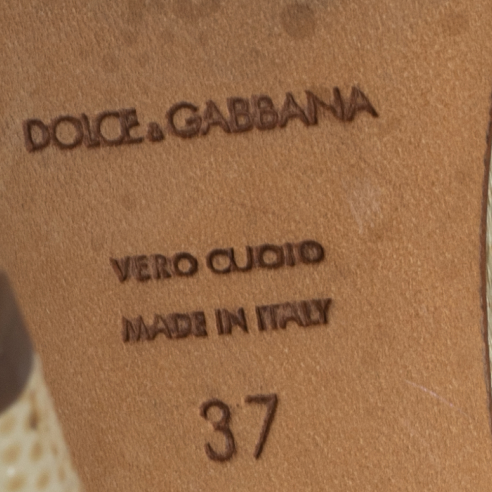 Dolce & Gabbana Beige Lizard Embossed Leather Crystal Embellished T-Strap Sandals Size 37