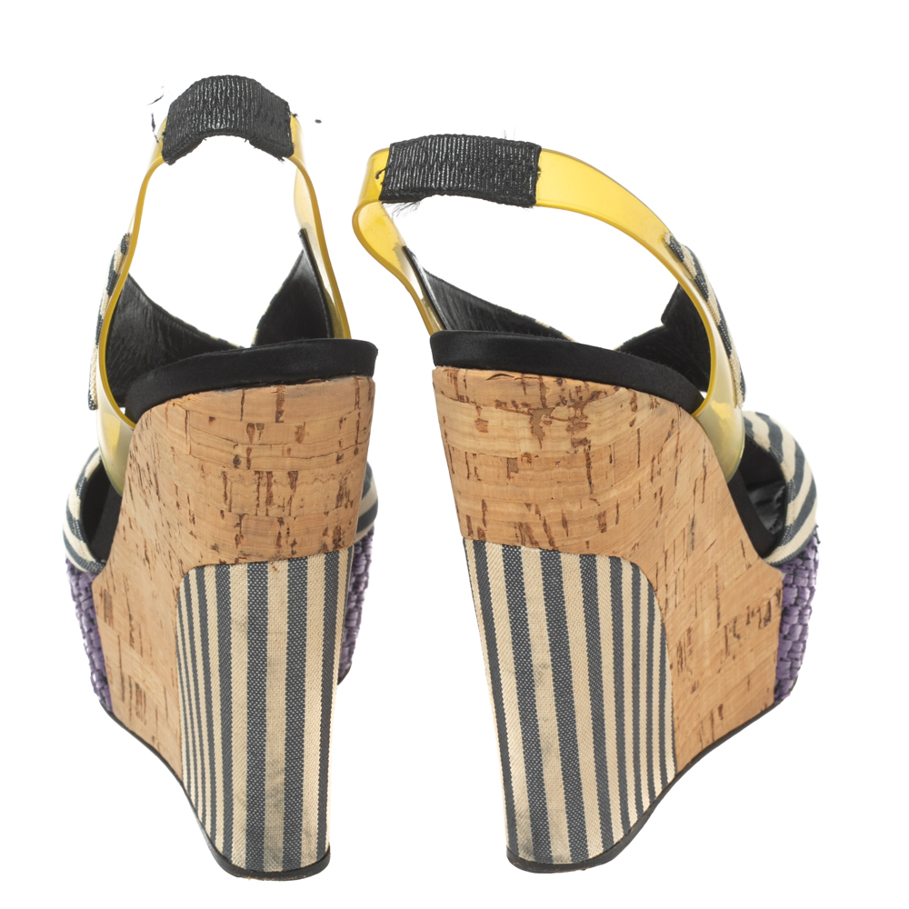 Dolce & Gabbana Multicolor Striped Fabric And PVC Cross Strap Slingback Wedge Sandals Size 37