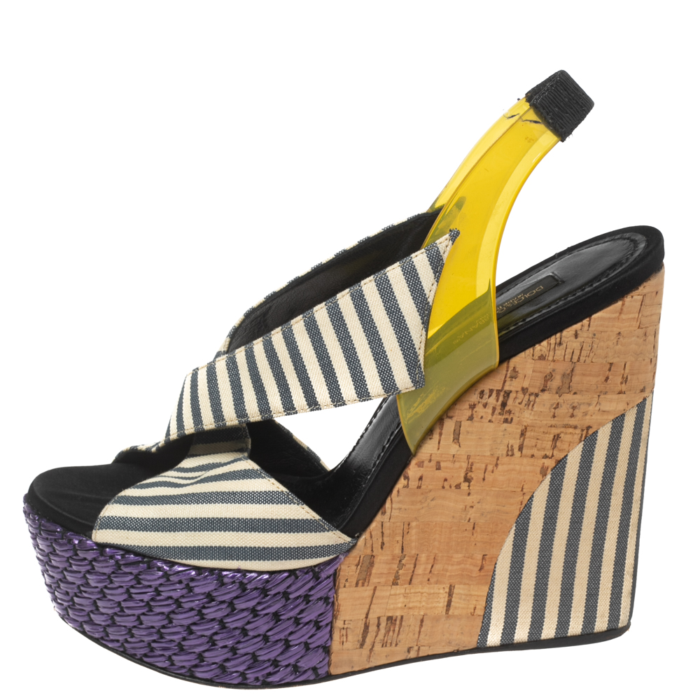 Dolce & Gabbana Multicolor Striped Fabric And PVC Cross Strap Slingback Wedge Sandals Size 37