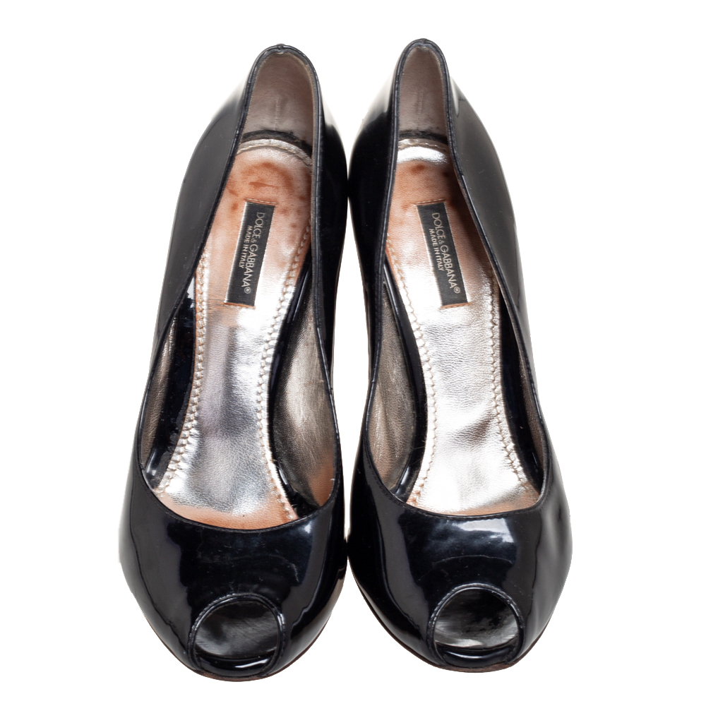 Dolce & Gabbana Black Patent Leather Peep Toe Pumps Size 37