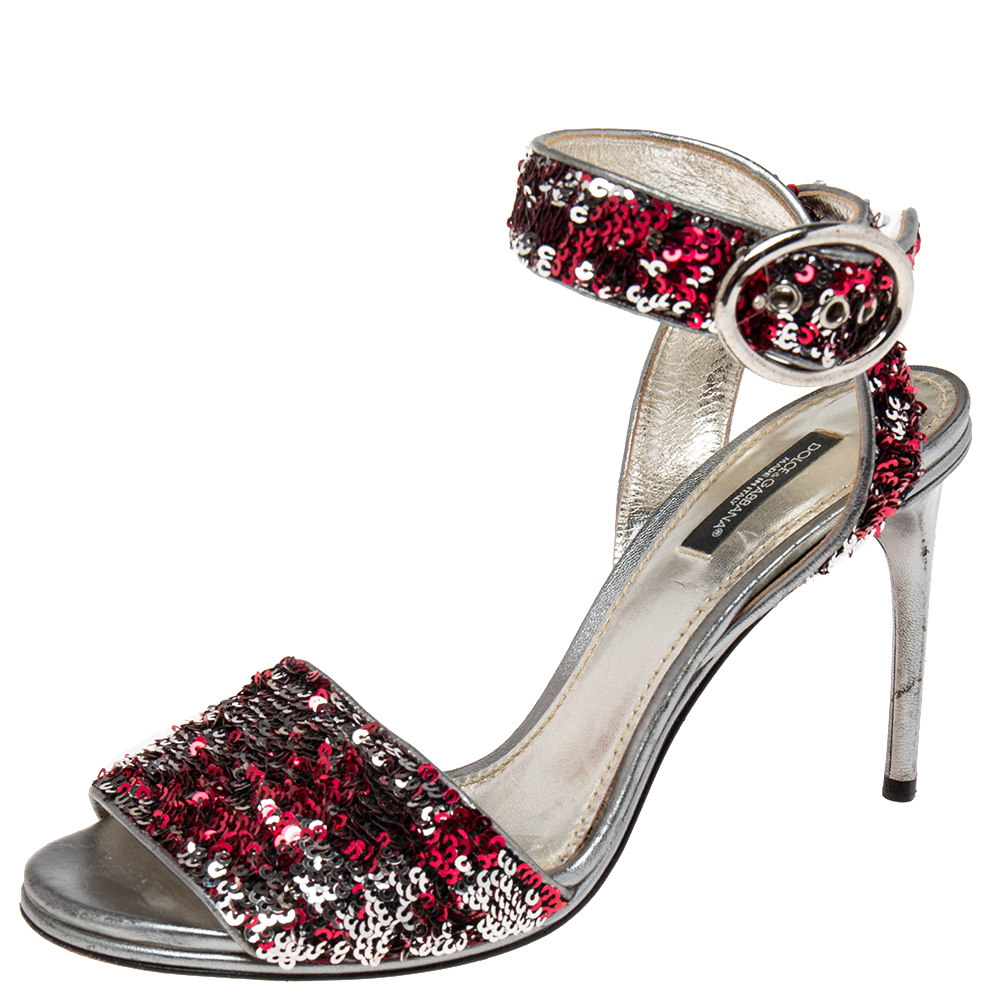 Dolce & Gabbana Pink/Silver Leather And Sequins Ankle Strap Sandals Size 38.5