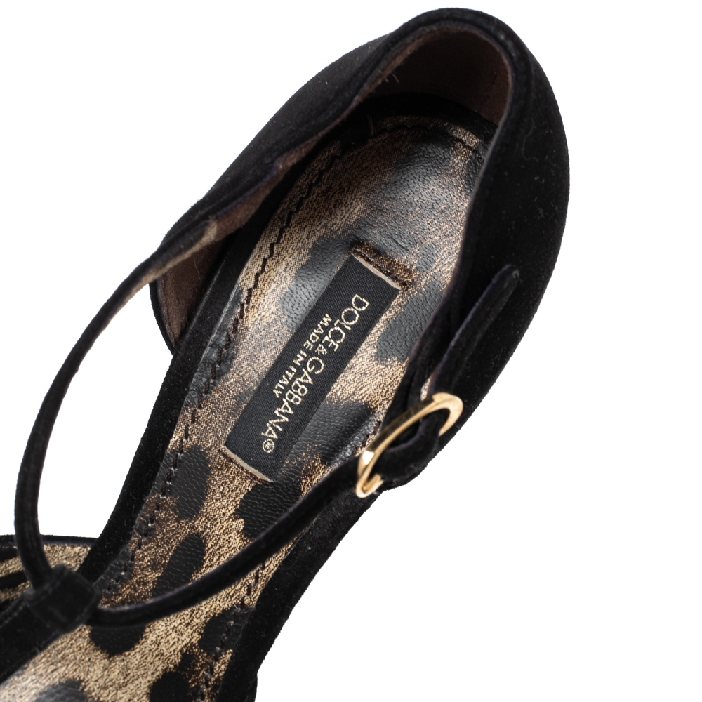 Dolce & Gabbana Black Suede T-Bar Peep-Toe Platform Sandals Size 36.5