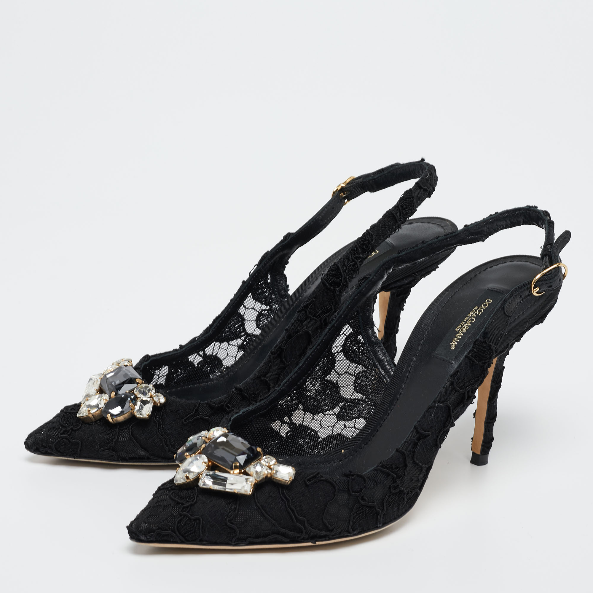 

Dolce & Gabbana Black Lace Crystal Embellished Slingback Sandals Size