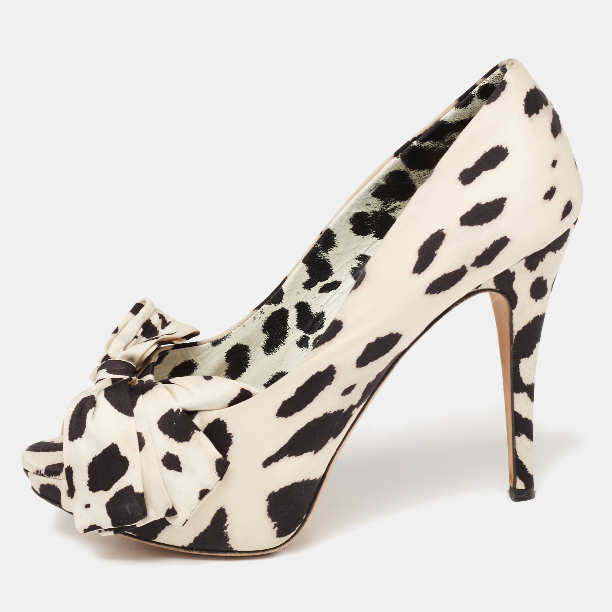 Dolce & Gabbana White/Black Leopard Print Satin Bow Peep Toe Platform Pumps Size 38.5