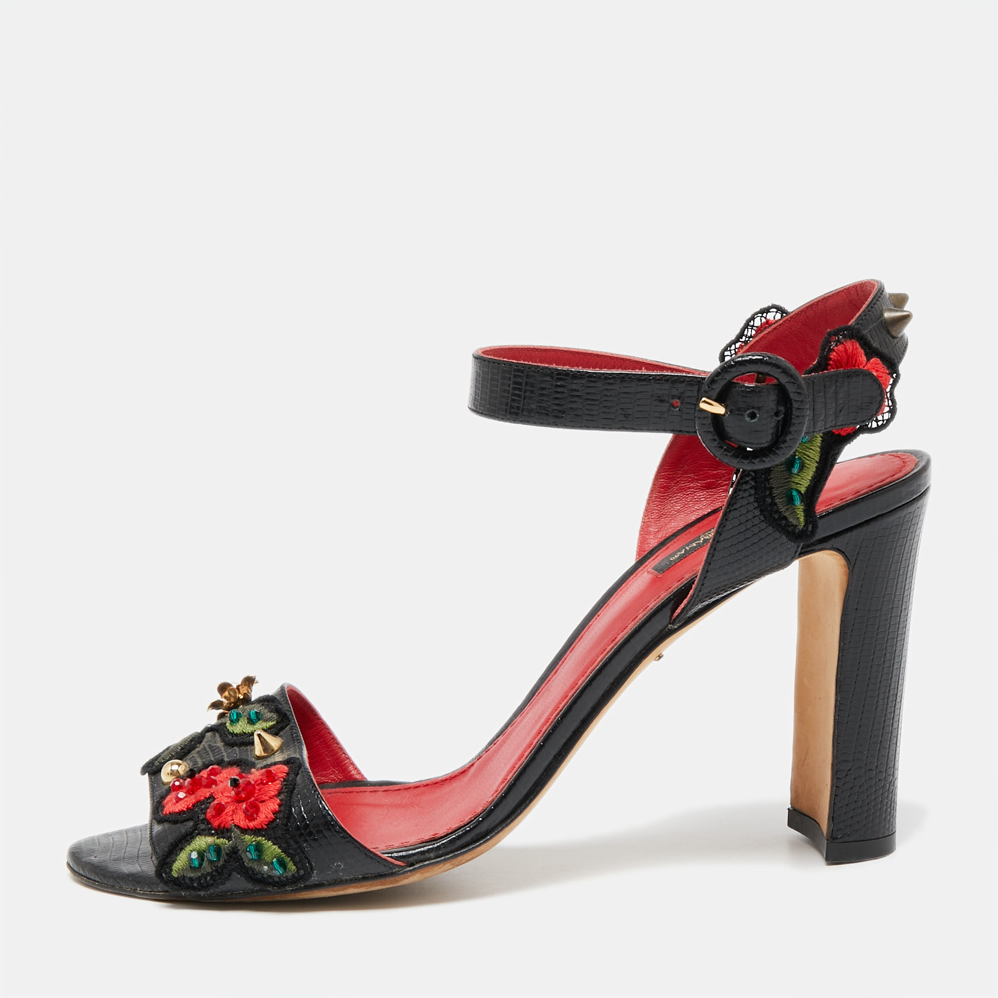 Dolce & Gabbana Black Lizard Embossed Carnation Heeled Sandals Size 40