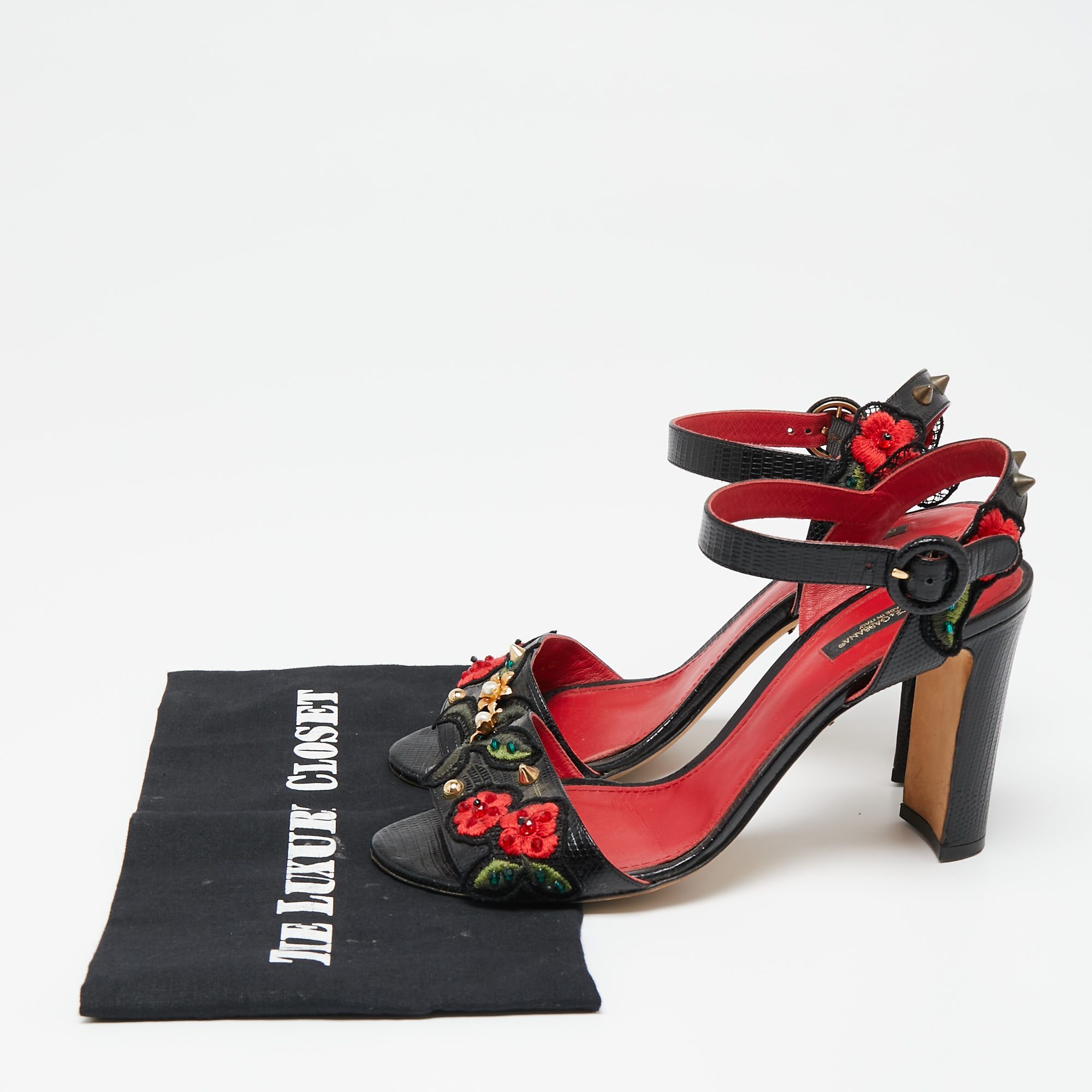 Dolce & Gabbana Black Lizard Embossed Carnation Heeled Sandals Size 40