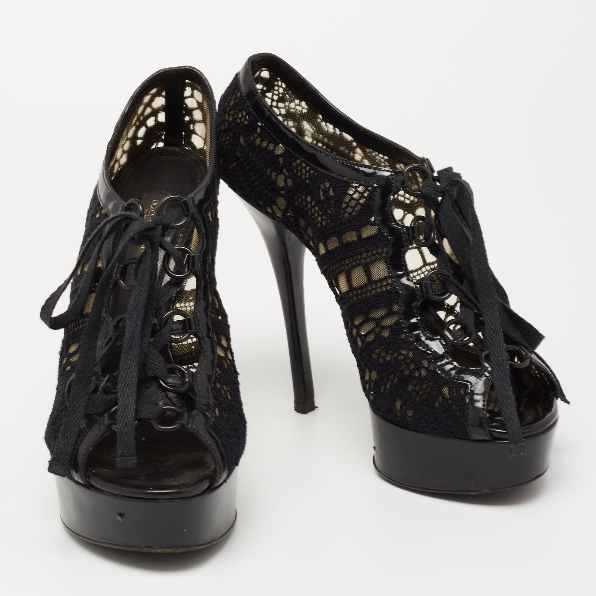 Dolce & Gabbana Black Lace And Patent Leather Lace-Up Peep-Toe Platform Booties Size 37.5