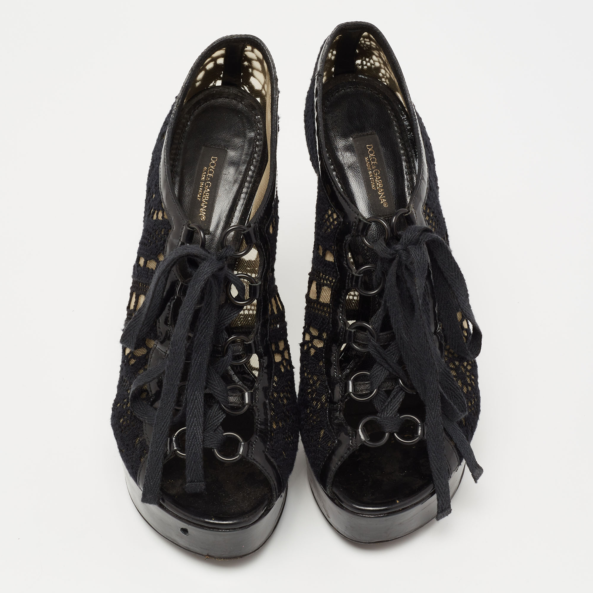Dolce & Gabbana Black Lace And Patent Leather Lace-Up Peep-Toe Platform Booties Size 37.5