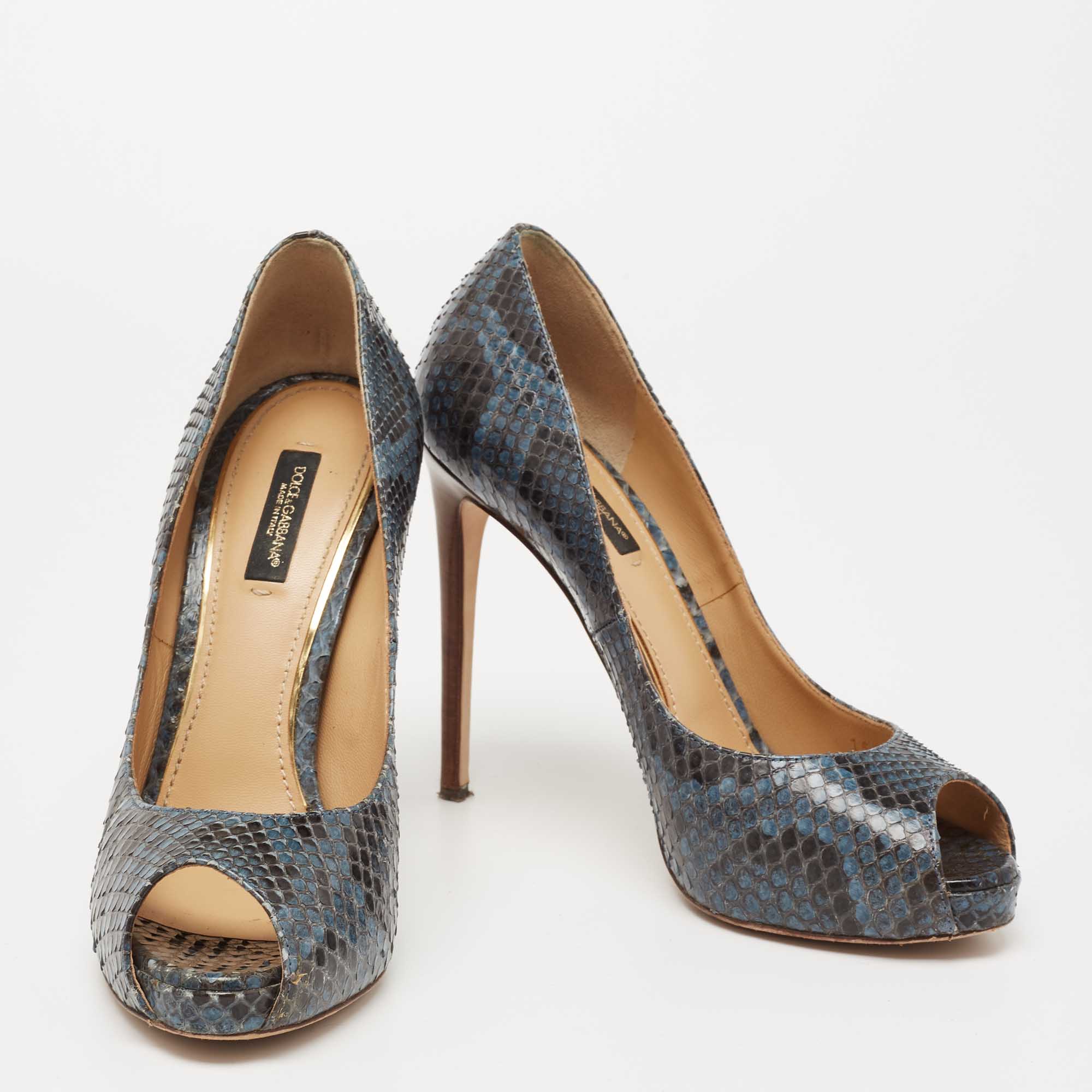 Dolce & Gabbana Blue/Black Python Leather Peep-Toe Pumps Size 37