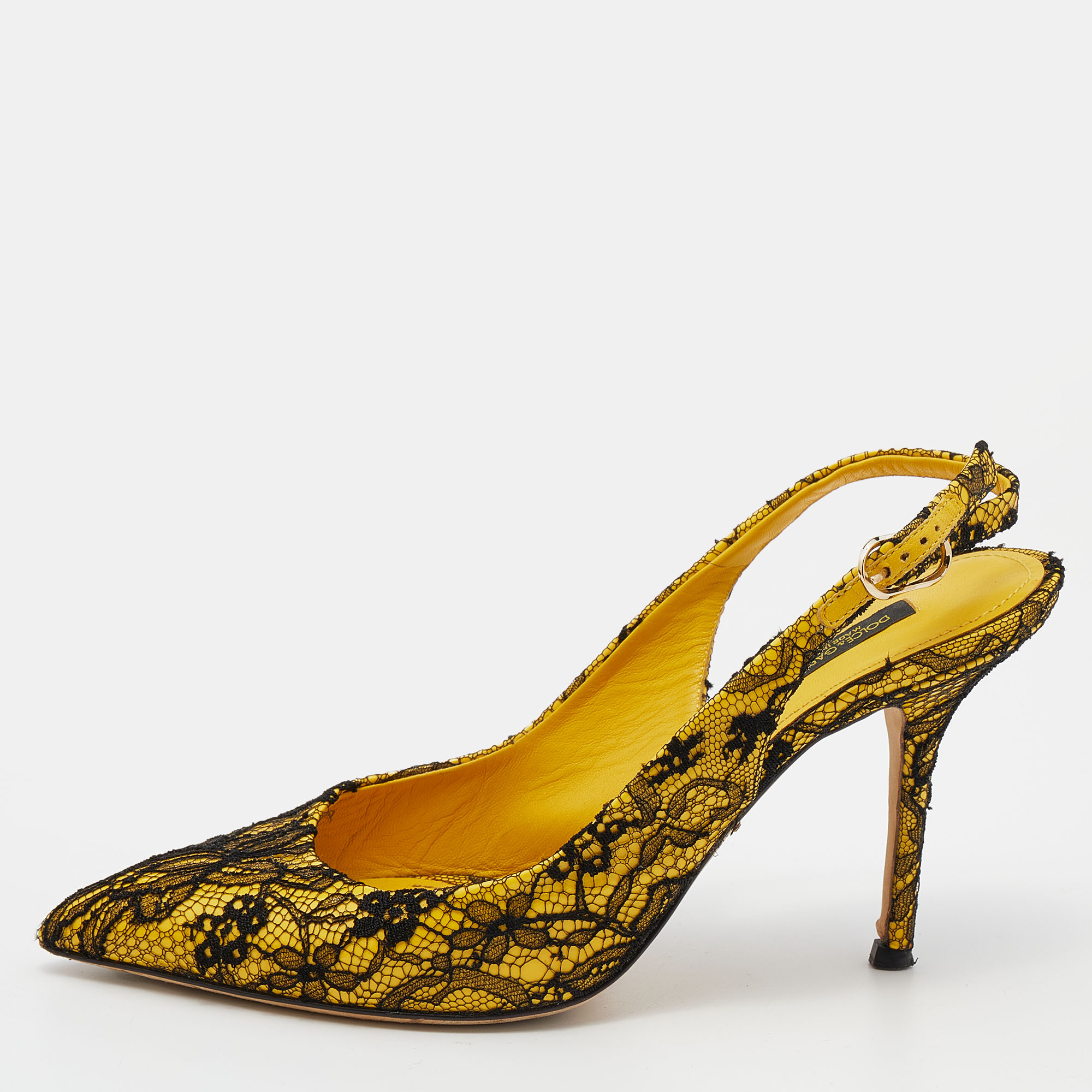 Dolce & Gabbana Yellow/Black Patent Leather And Chantilly Lace Bellucci Slingback Sandals Size 39