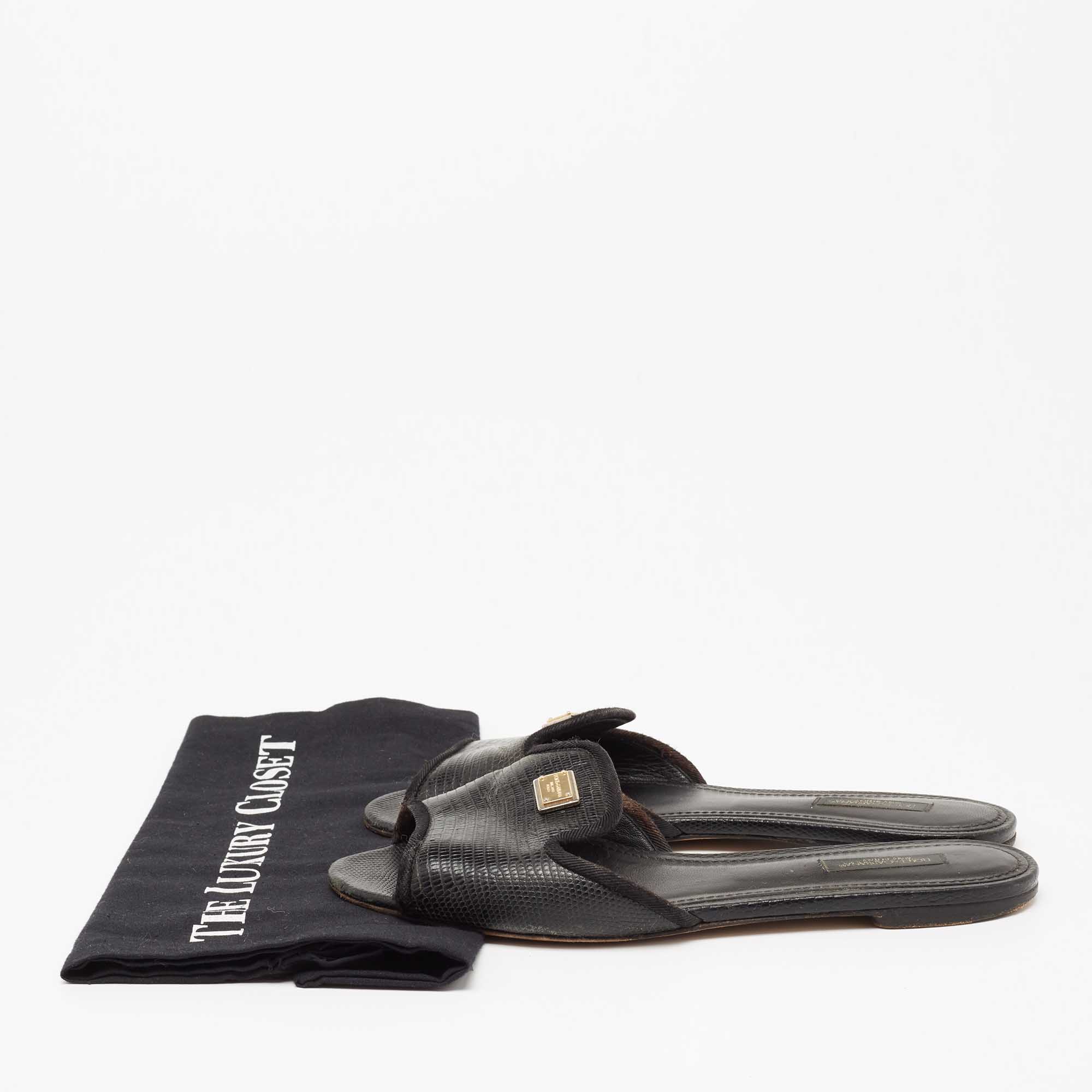 Dolce & Gabbana Black Lizard Embossed Leather Sofia Slides Size 39