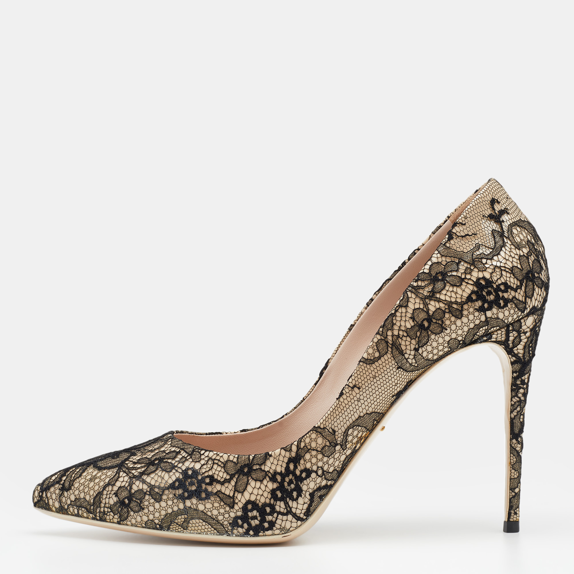 Dolce & gabbana black/beige floral lace and patent leather pointed toe pumps size 40