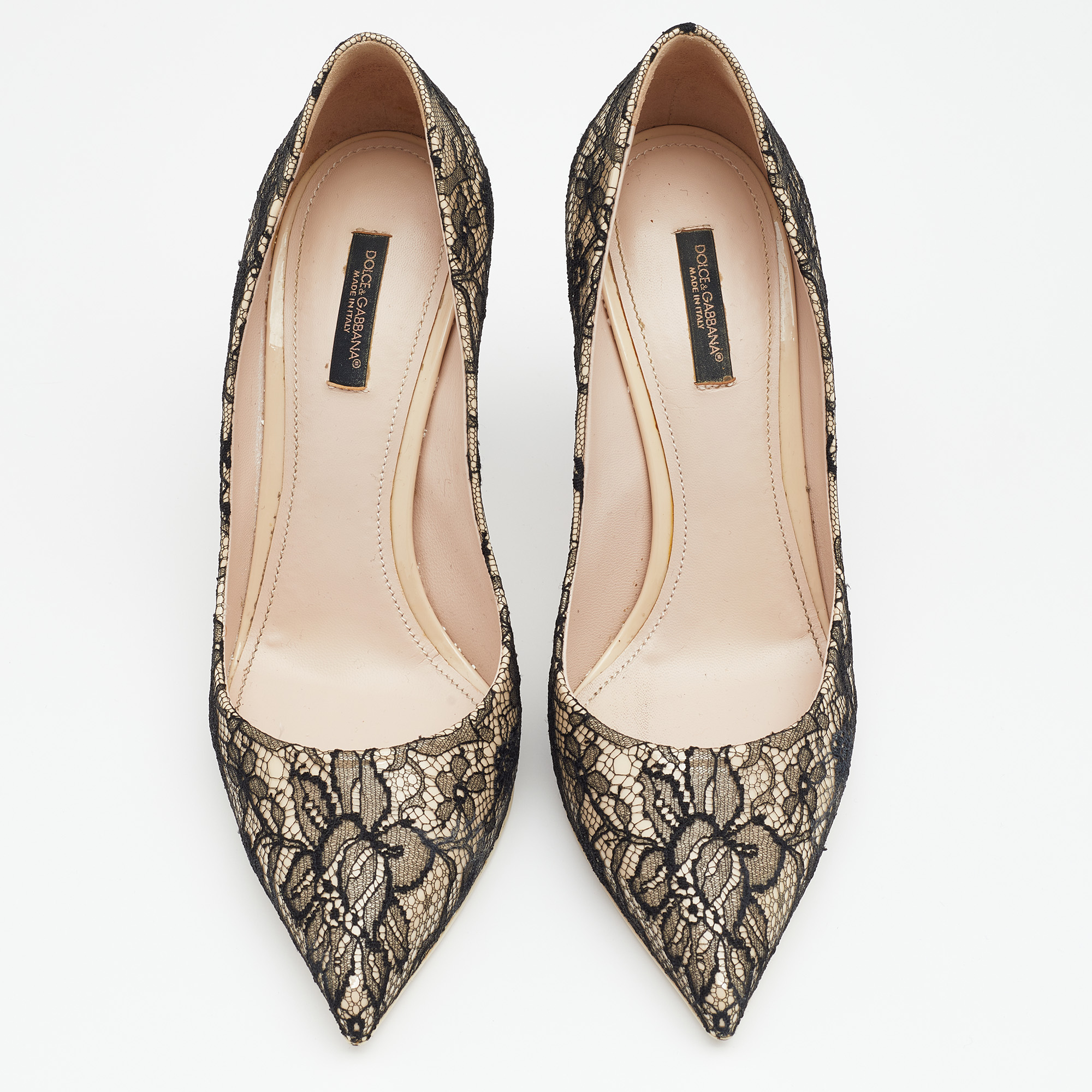 Dolce & Gabbana Black/Beige Floral Lace And Patent Leather Pointed Toe Pumps Size 40