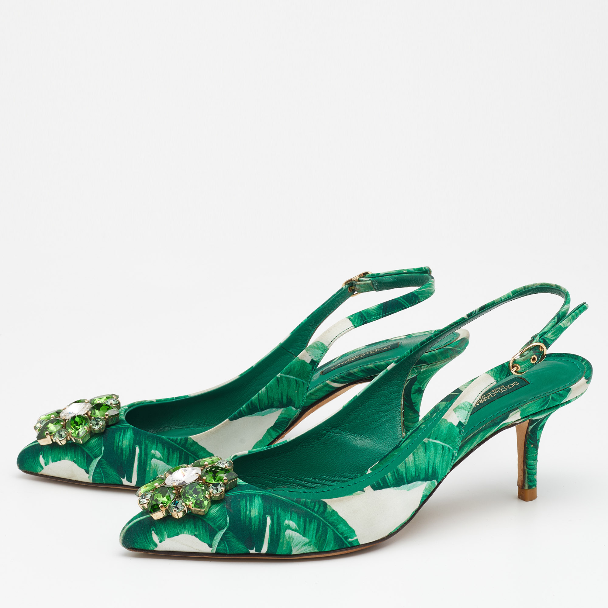 

Dolce & Gabbana Green/White Banana Leaf-Print Fabric Crystal Embellished Slingback Sandals Size