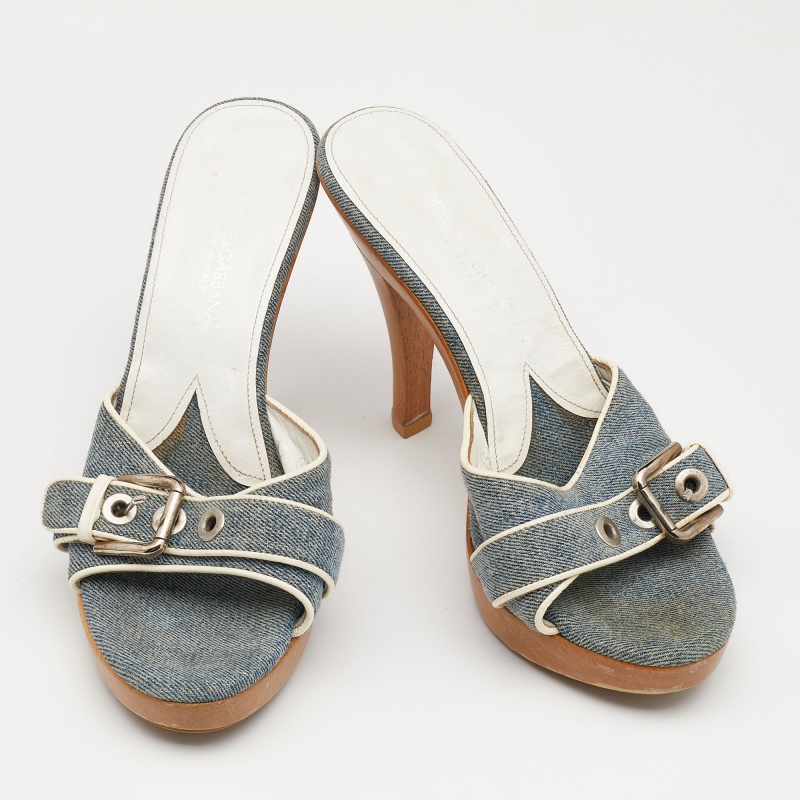 Dolce & Gabbana Blue Denim And Leather Trims Buckle Detail Open Toe Platform Slide Sandals Size 40