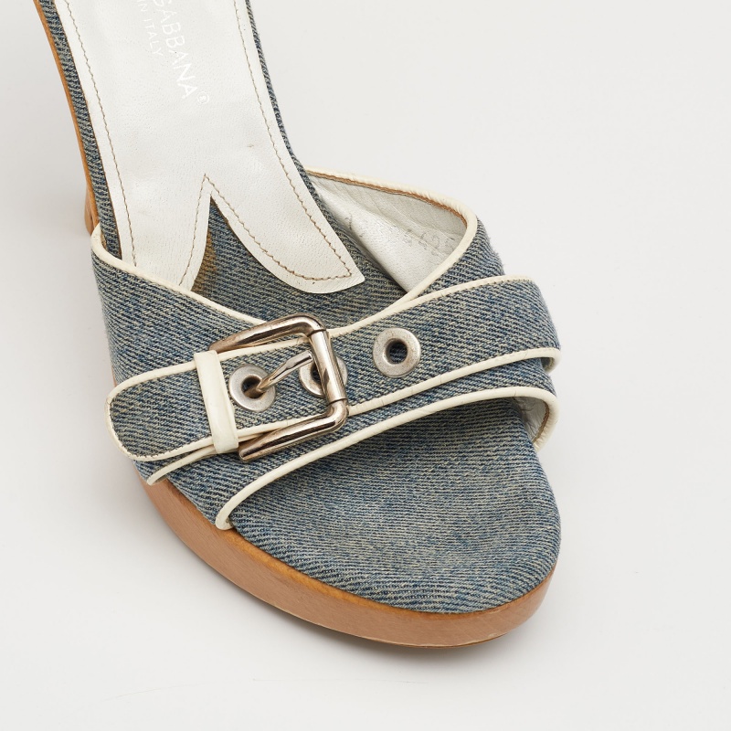 Dolce & Gabbana Blue Denim And Leather Trims Buckle Detail Open Toe Platform Slide Sandals Size 40