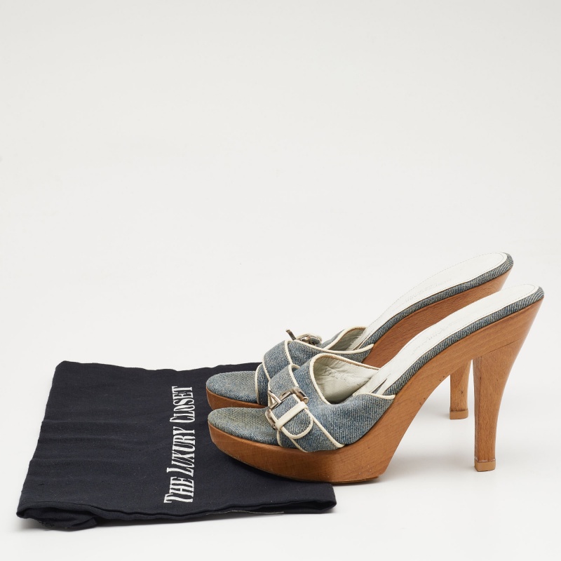 Dolce & Gabbana Blue Denim And Leather Trims Buckle Detail Open Toe Platform Slide Sandals Size 40