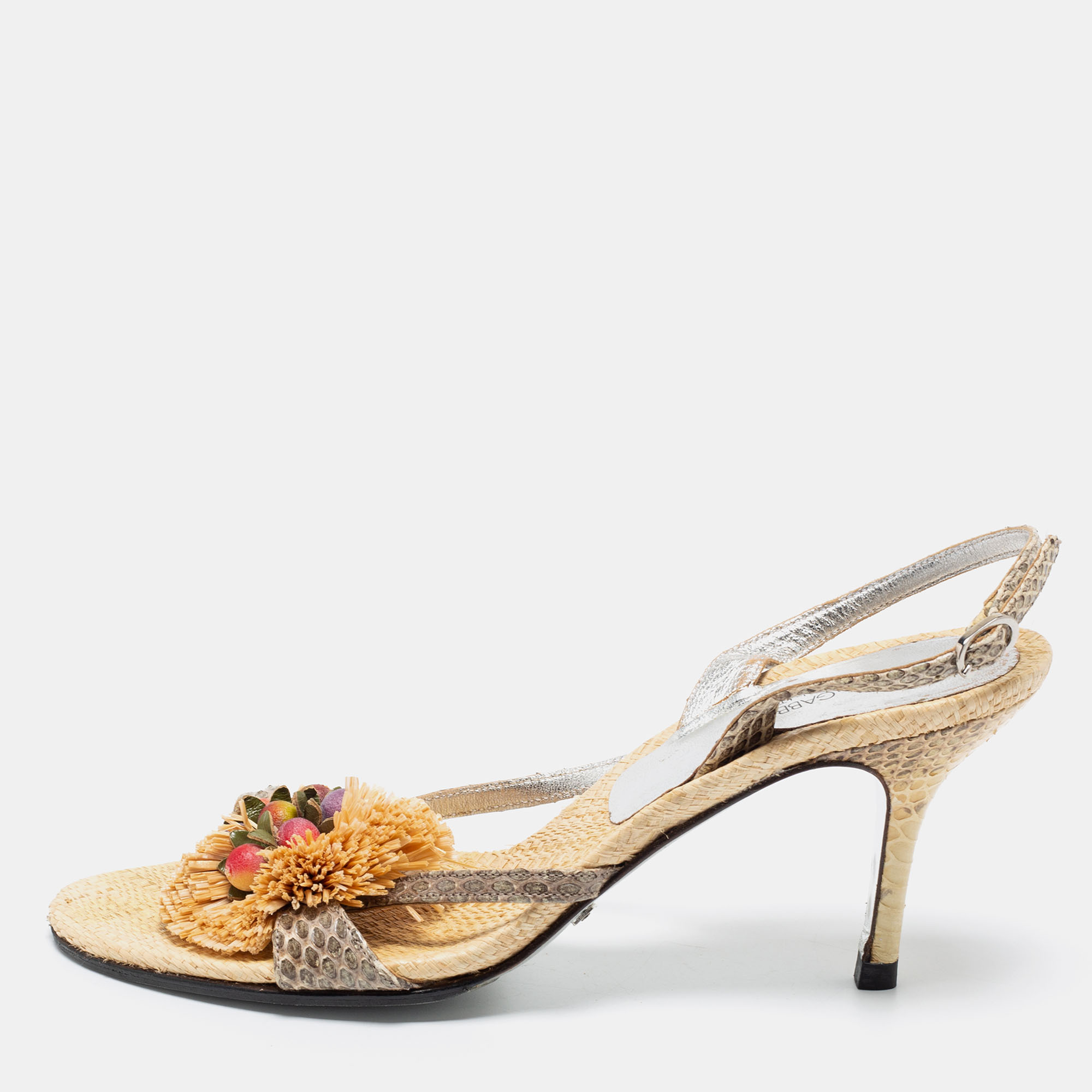 Dolce & Gabbana Grey/Gold Raffia And Snakeskin Embossed Buckle Slingback Sandals Size 37.5