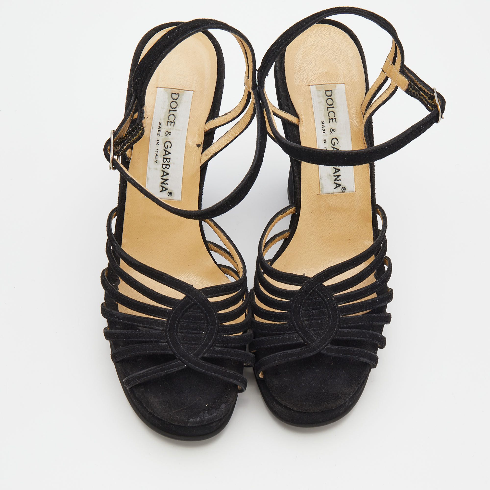 Dolce & Gabbana Black Suede Ankle Strap Wedge Sandals Size 38.5