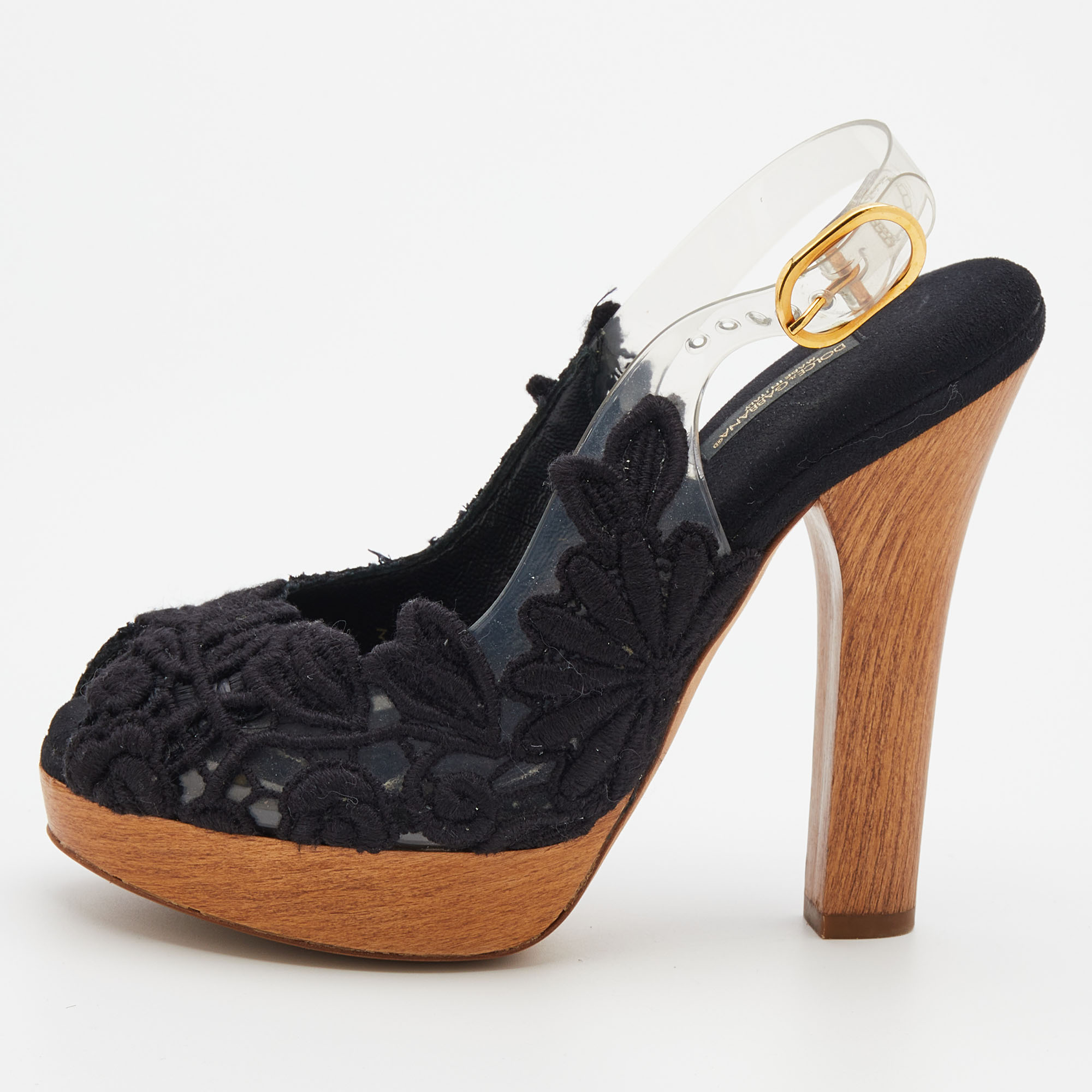 Dolce & gabbana black raffia and pvc peep-toe platform slingback sandals size 36.5