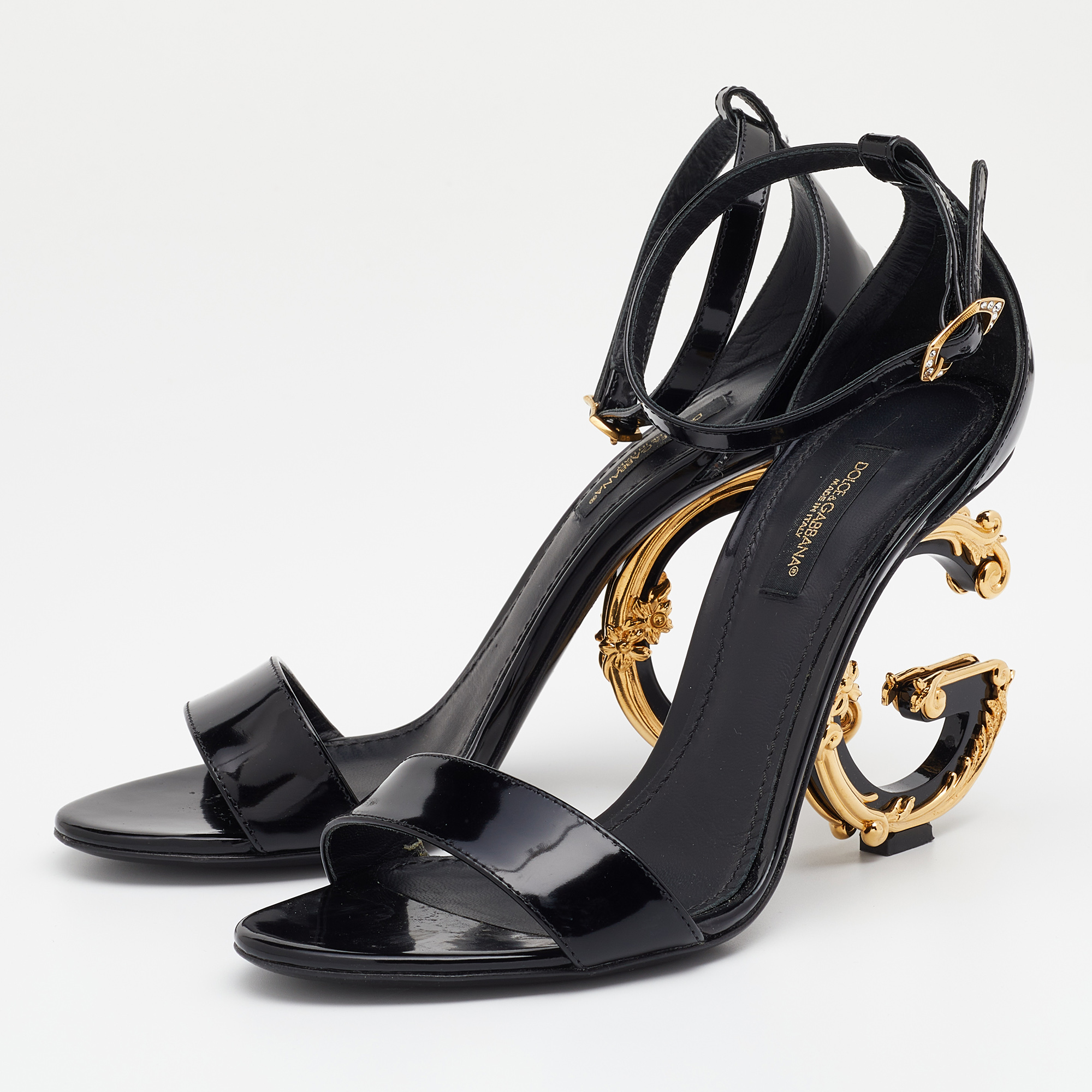 

Dolce & Gabbana Black Patent Leather Keira Baroque Logo Ankle Strap Sandals Size