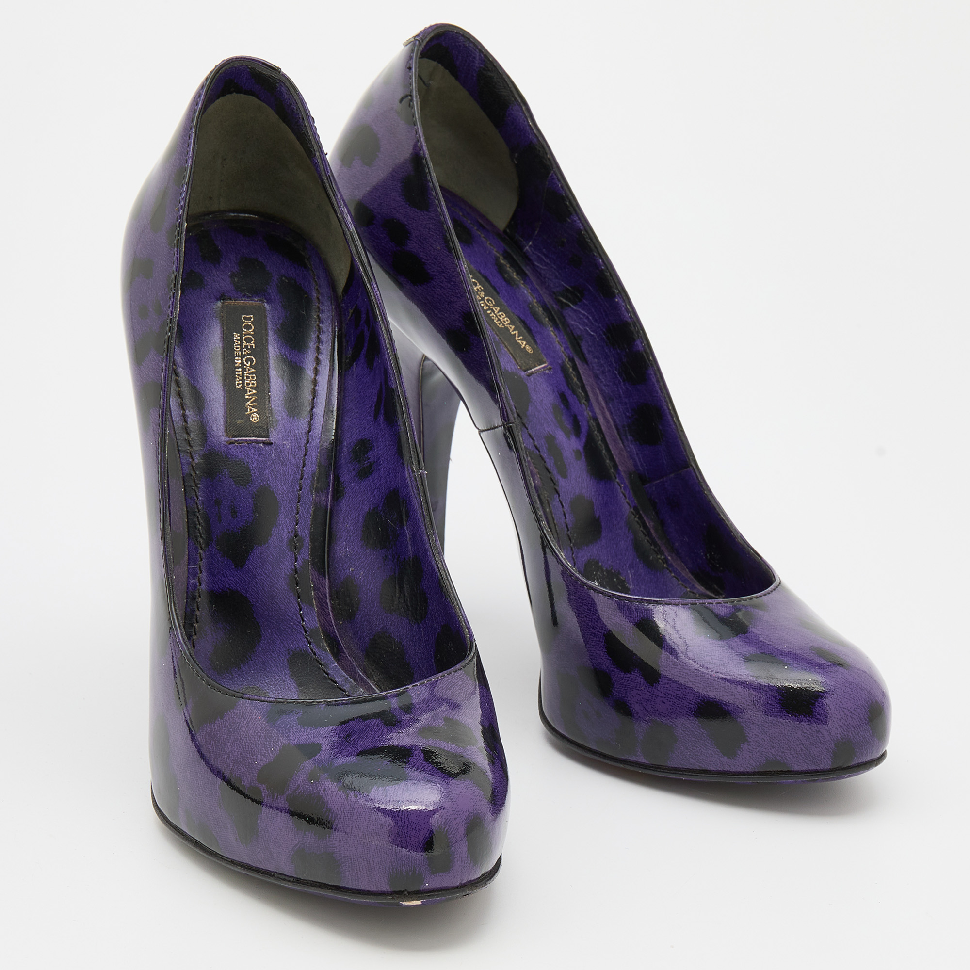 Dolce & Gabbana Purple/Black Leopard Print Patent Leather Platform Pumps Size 37