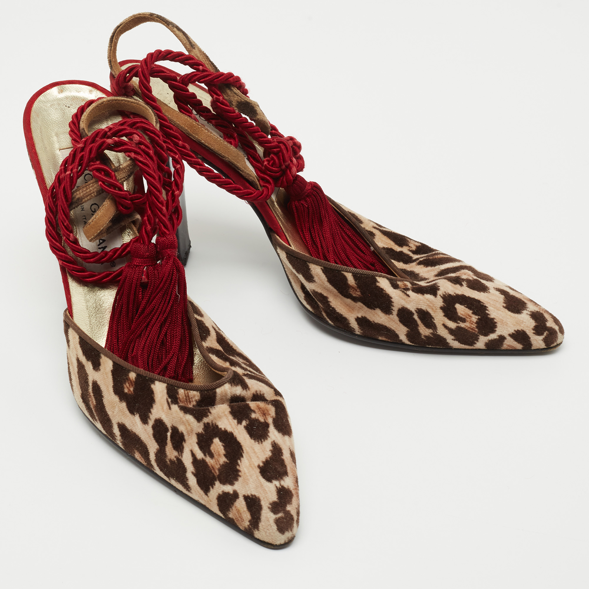 Dolce & Gabbana Brown/Beige Leopard Print Velvet Ankle Wrap Pumps Size 39