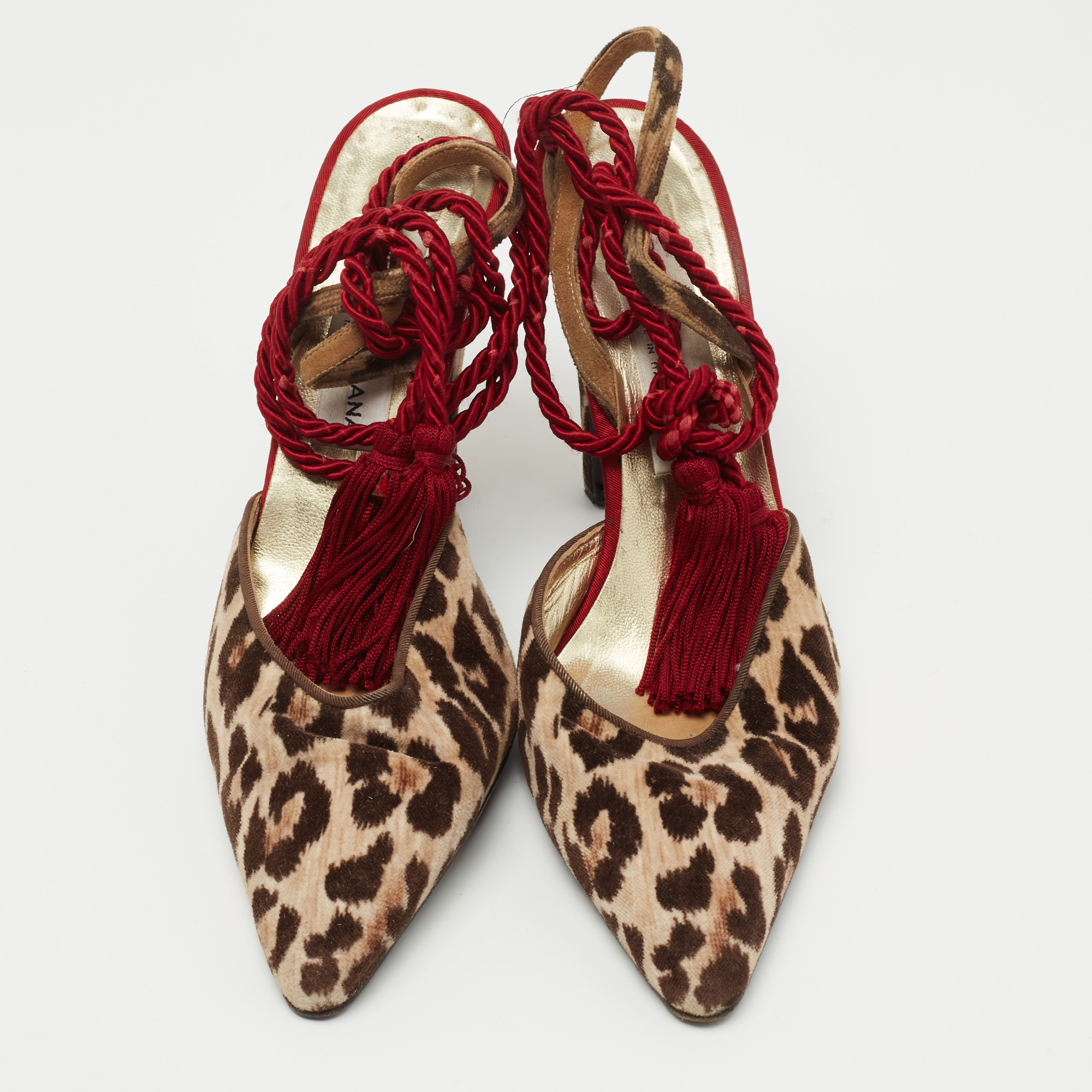 Dolce & Gabbana Brown/Beige Leopard Print Velvet Ankle Wrap Pumps Size 39