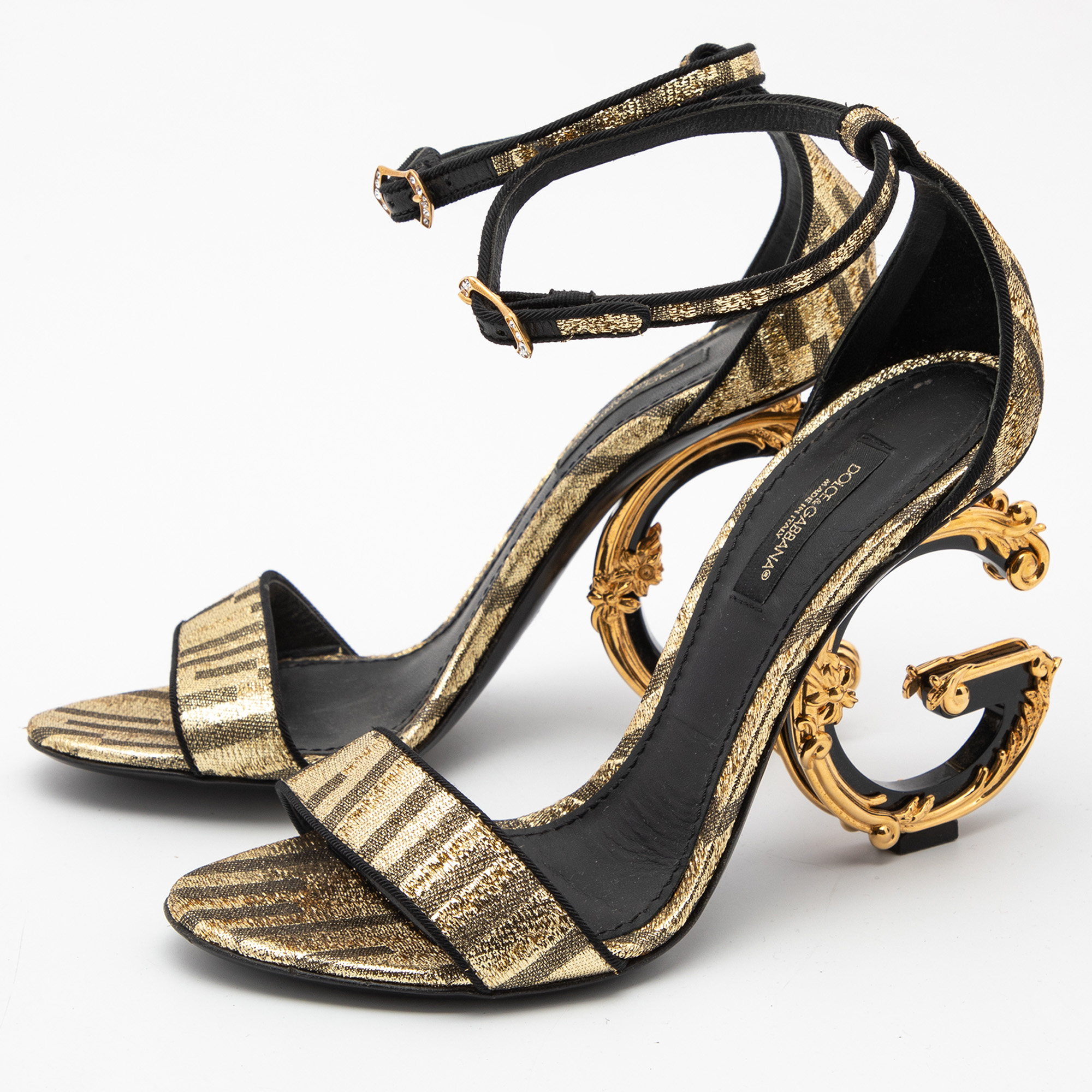 

Dolce & Gabbana Gold Lurex Fabric Keira DG Heel Ankle Strap Sandals Size