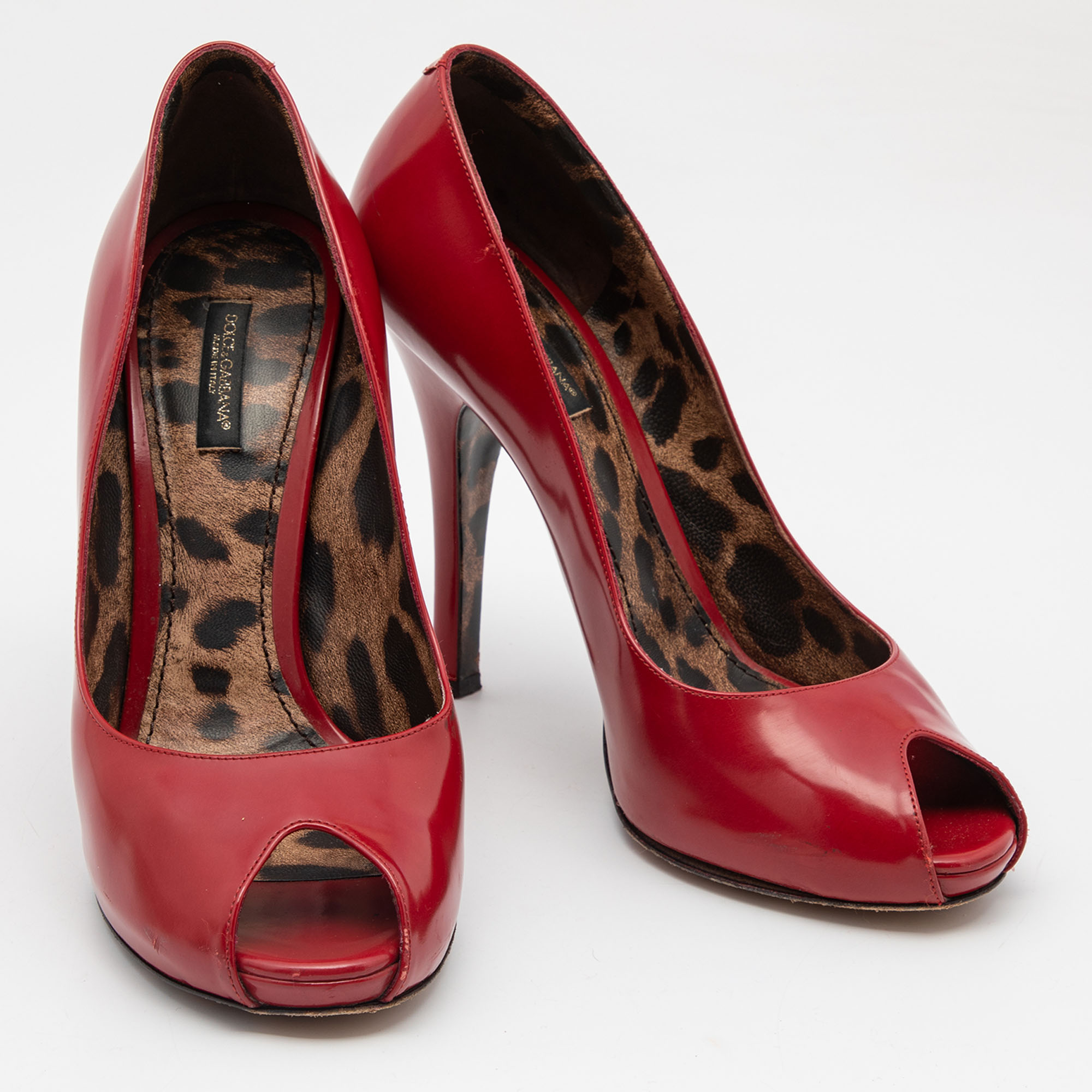Dolce & Gabbana Red Glossy Leather Peep Toe Pumps Size 39
