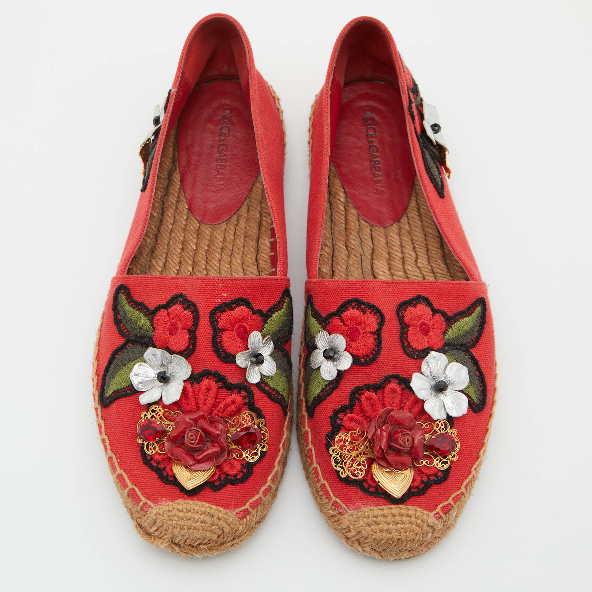 Dolce & Gabbana Red Canvas Locket Flower Jewel Embroidered Espadrille Flats Size 38
