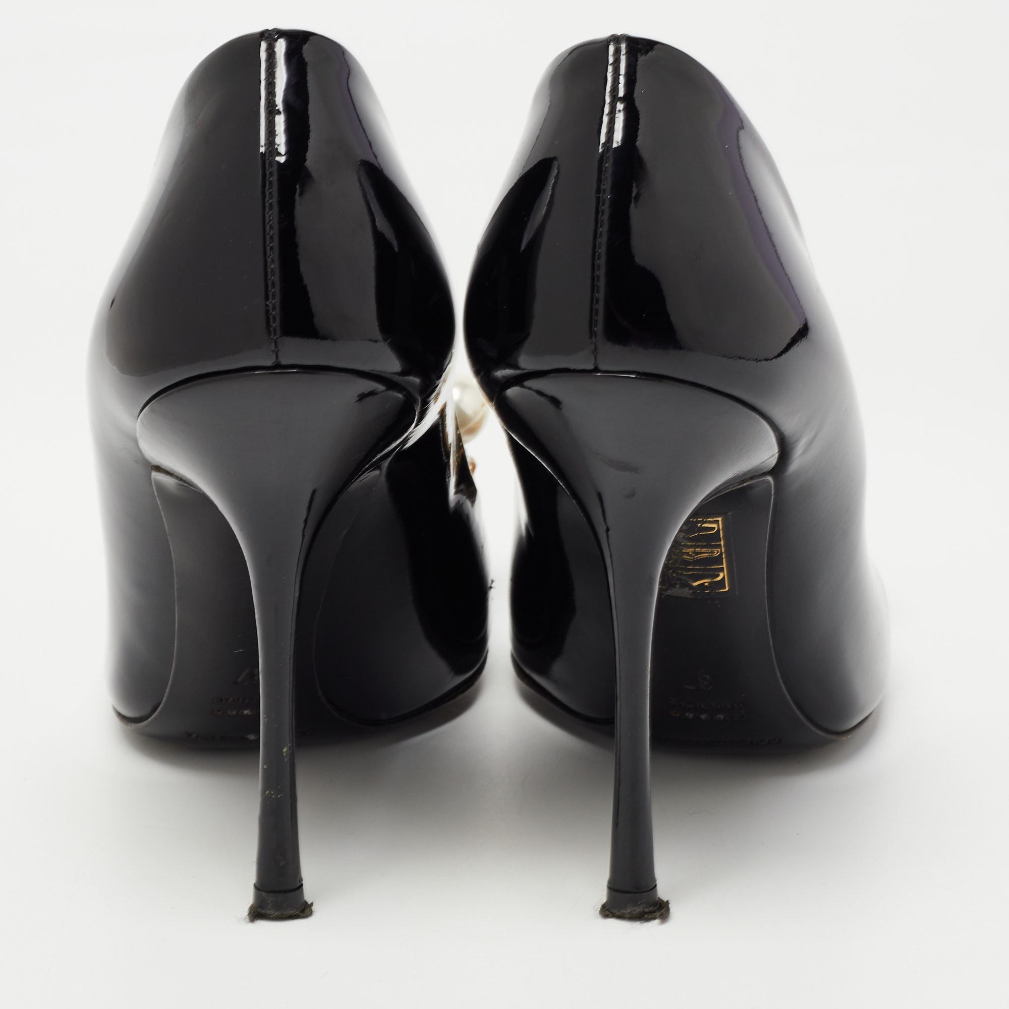 Dolce & Gabbana Black Patent Leather Crystal Embellished Peep Toe Pumps Size 37