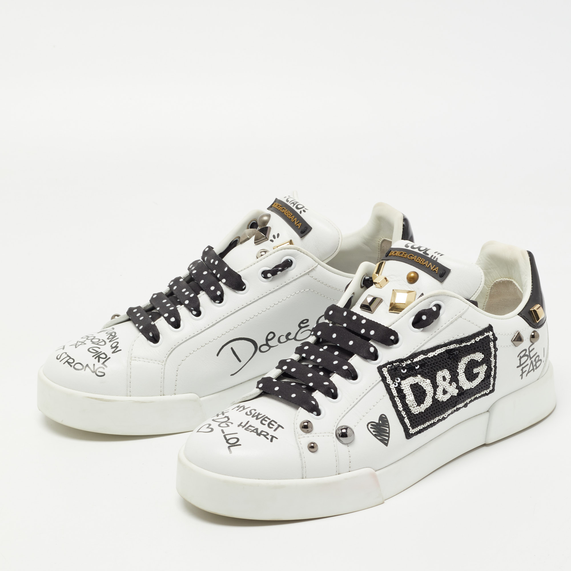 

Dolce & Gabbana White/Black Leather Studded and Applique Portofino Low Top Sneakers Size