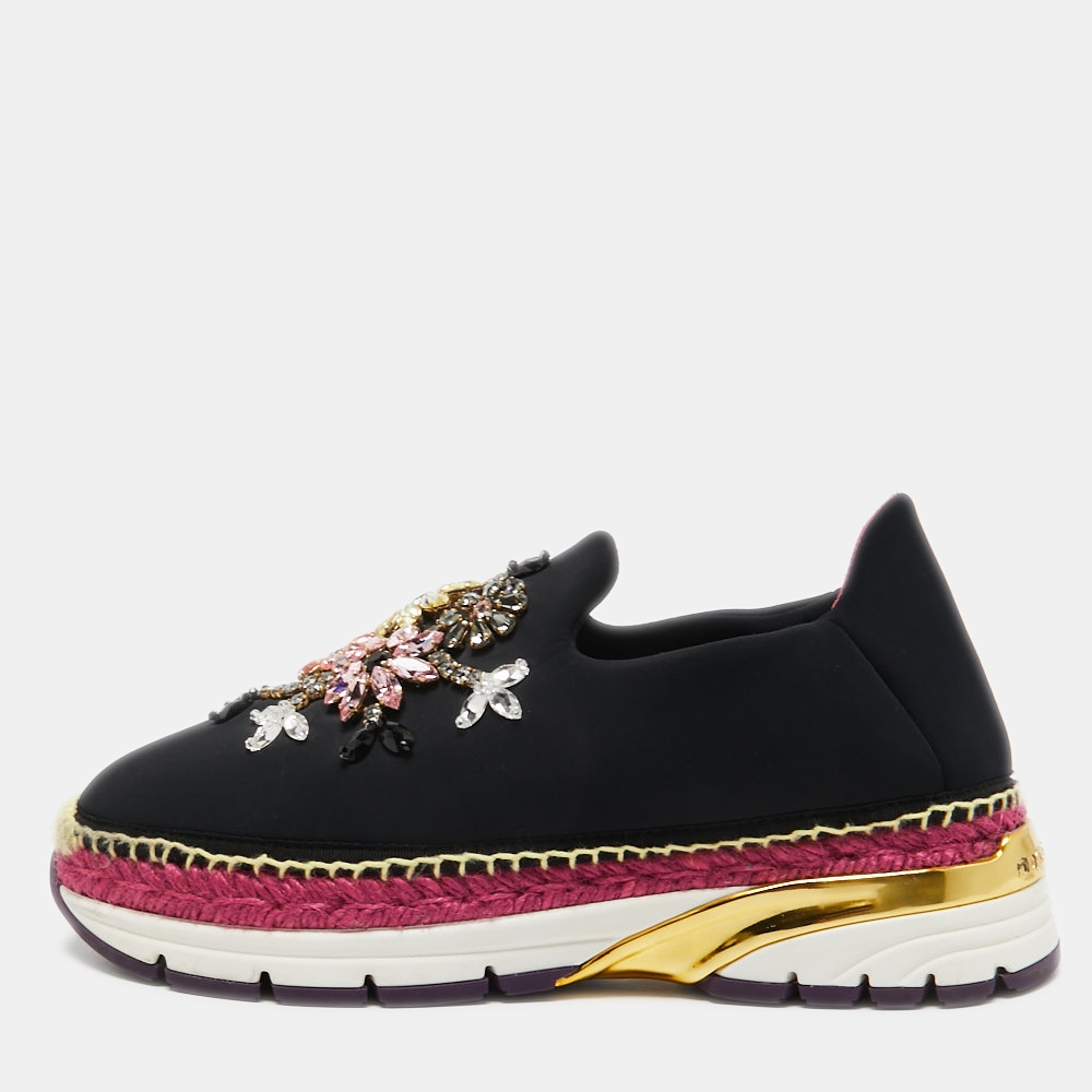 Dolce & gabbana black neoprene barcelona crystal embellished sneakers size 40.5