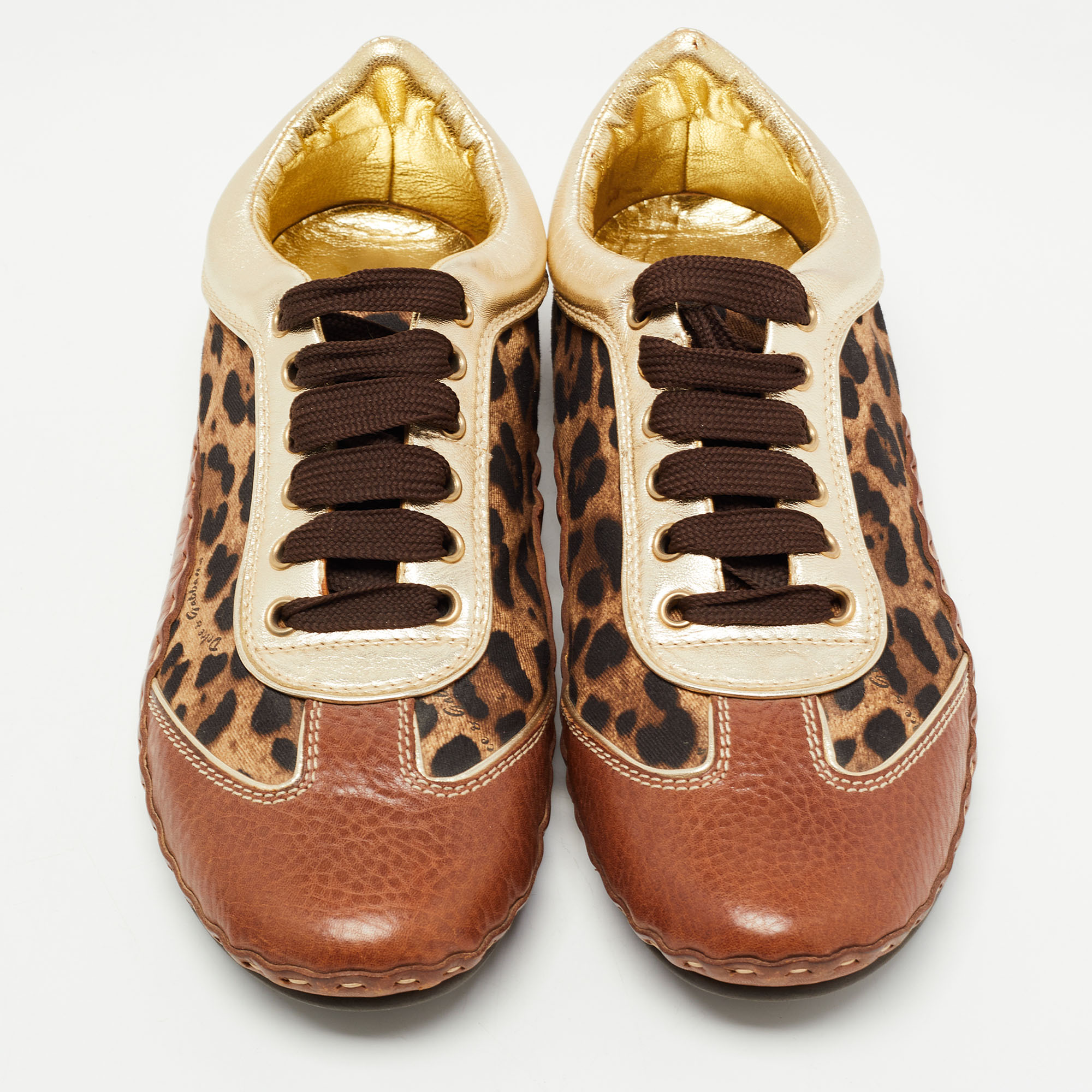 Dolce & Gabbana Brown Leather And Canvas Leopard Print Low Top Sneakers Size 40.5