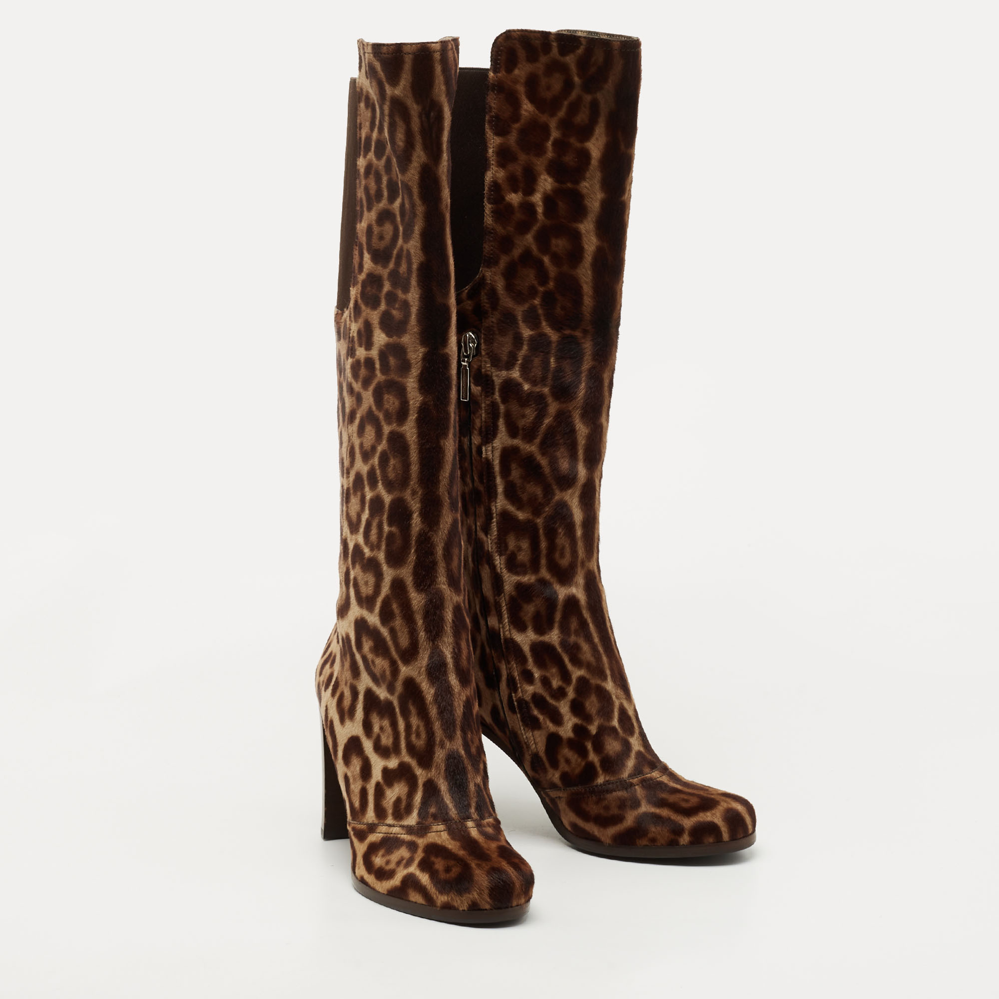 Dolce & Gabbana Brown Leopard Print Suede Knee Length Boots Size 40