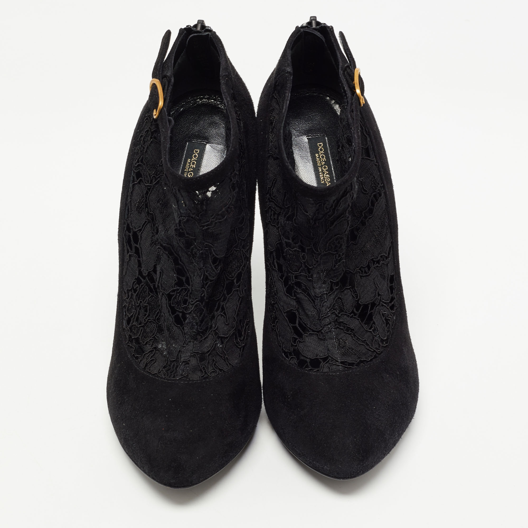 Dolce & Gabbana Black Suede And Lace Pointed Toe Booties Size 38.5