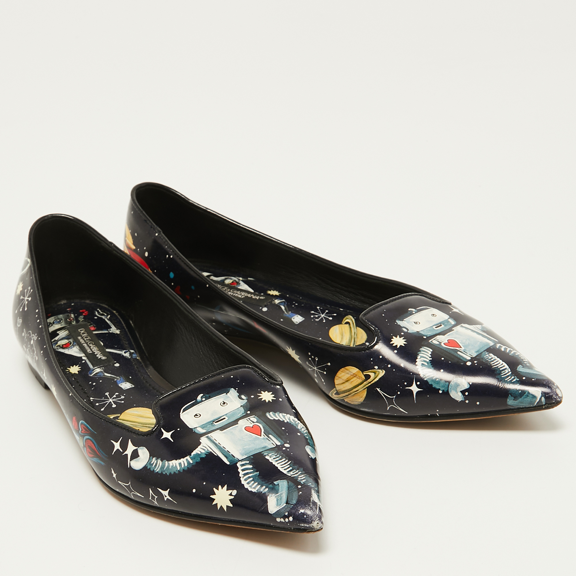 Dolce & Gabbana Navy Blue Patent Leather Galaxy Print Ballet Flats Size 35.5