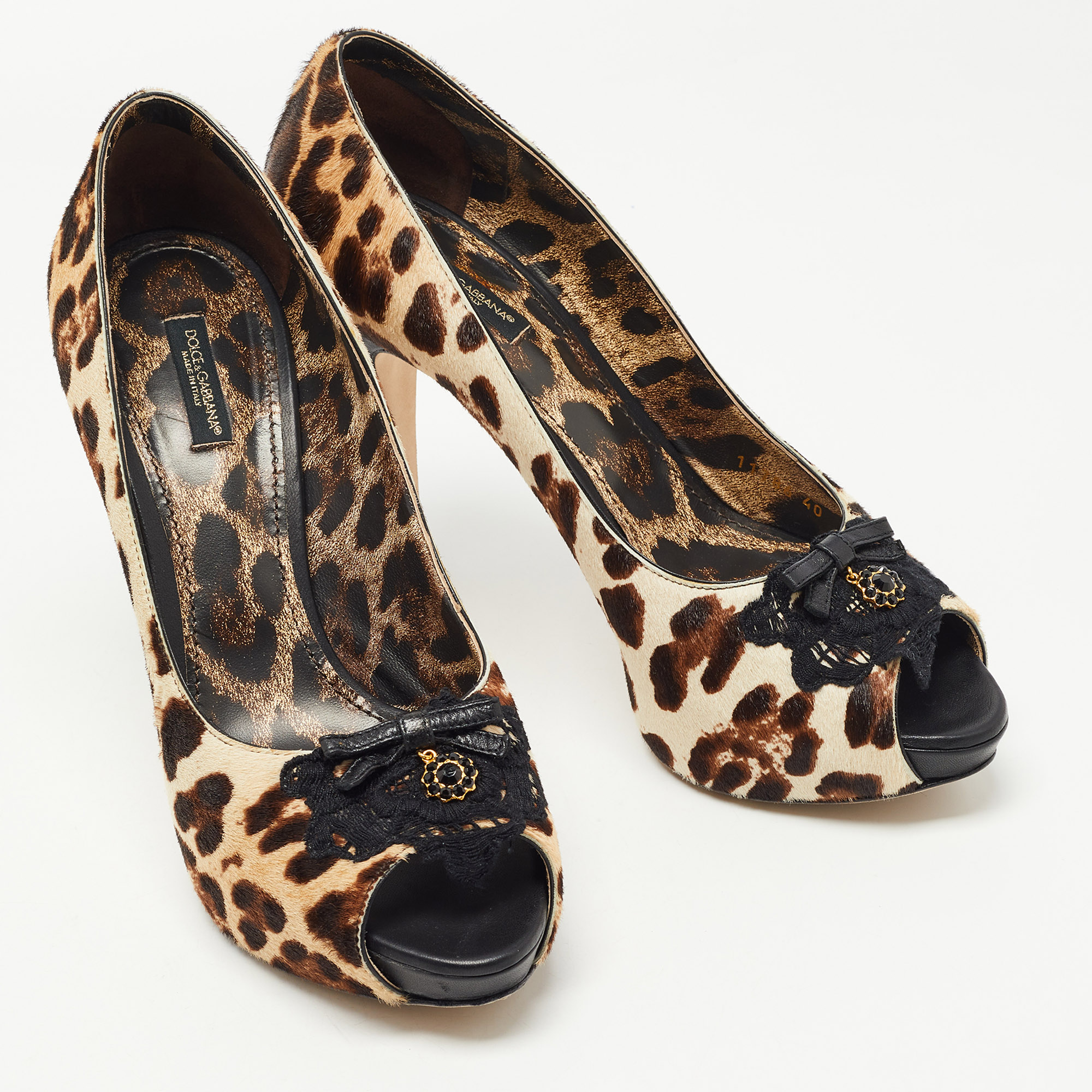 Dolce & Gabbana Beige/Brown Leopard Print Pony Hair Bow Peep Toe Pumps Size 40