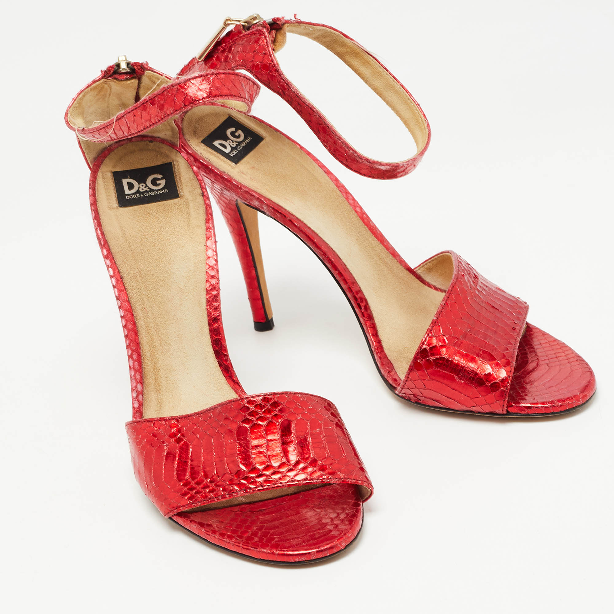 D&G Red Python Leather Ankle Strap Sandals Size 36