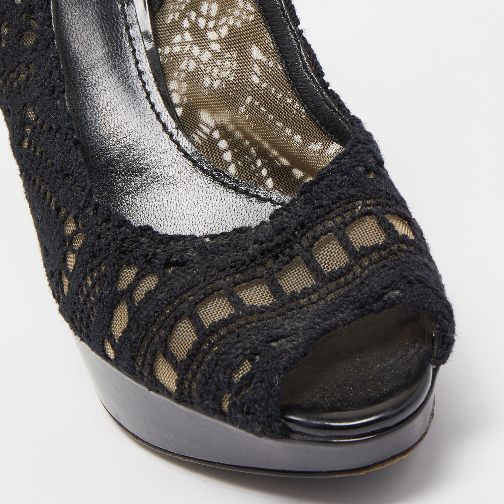 Dolce & Gabbana Black Lace Peep Toe Platform Slingback Pumps Size 37.5