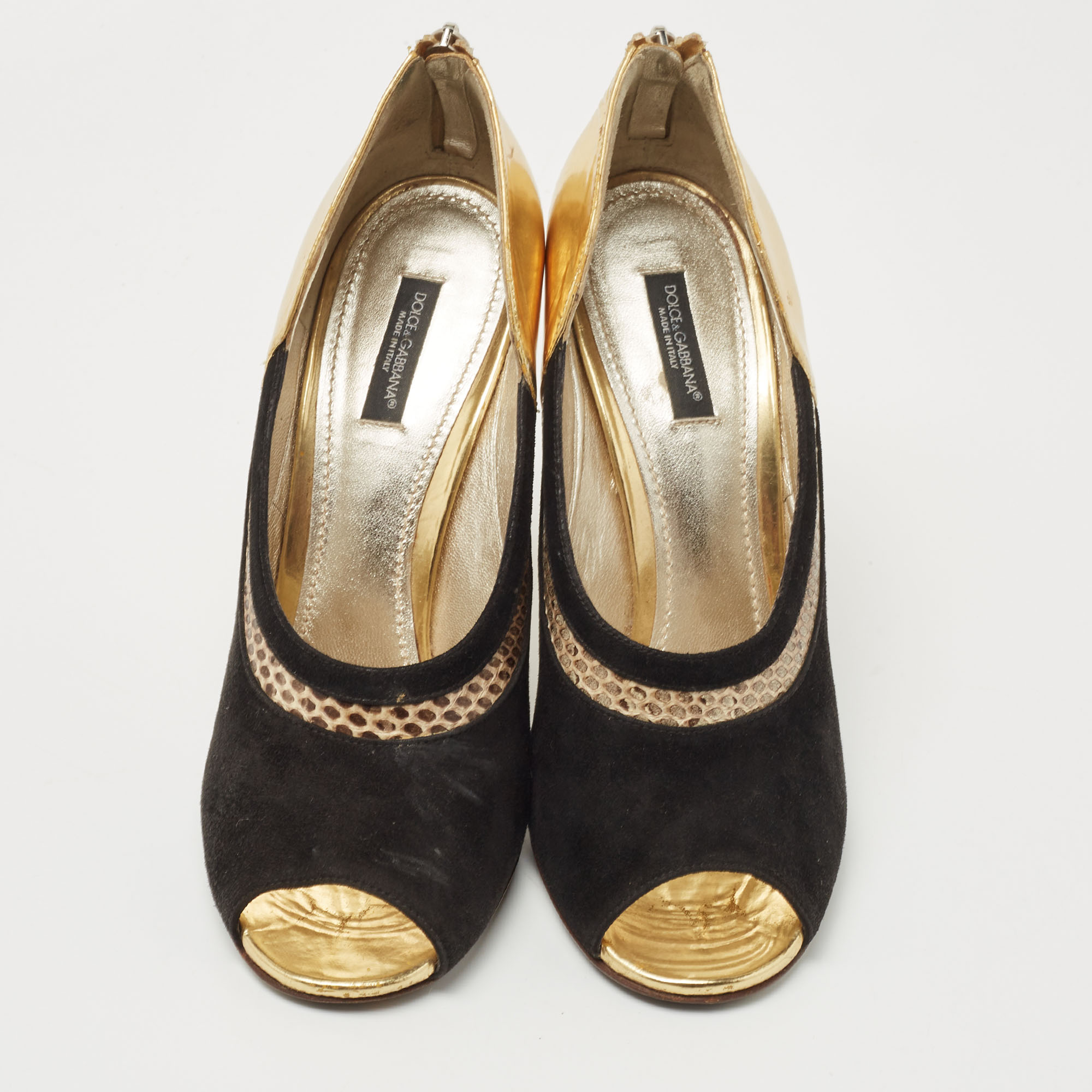 Dolce & Gabbana Gold/Black Leather And  Suede Peep Toe Pump Size 39.5