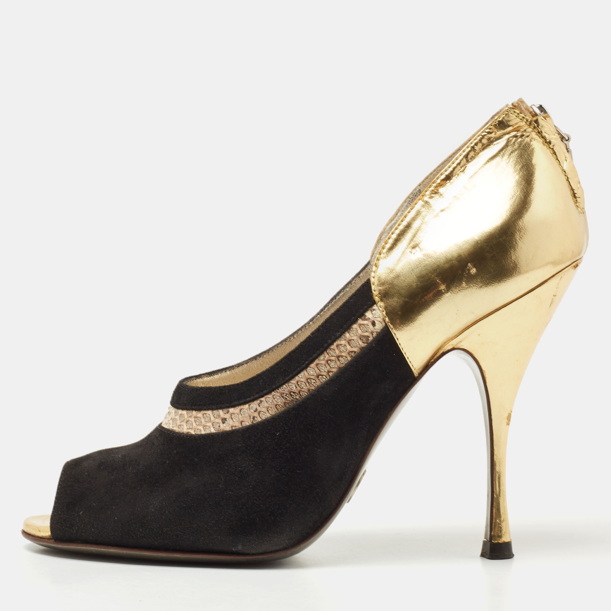 Dolce & Gabbana Gold/Black Leather And  Suede Peep Toe Pump Size 39.5