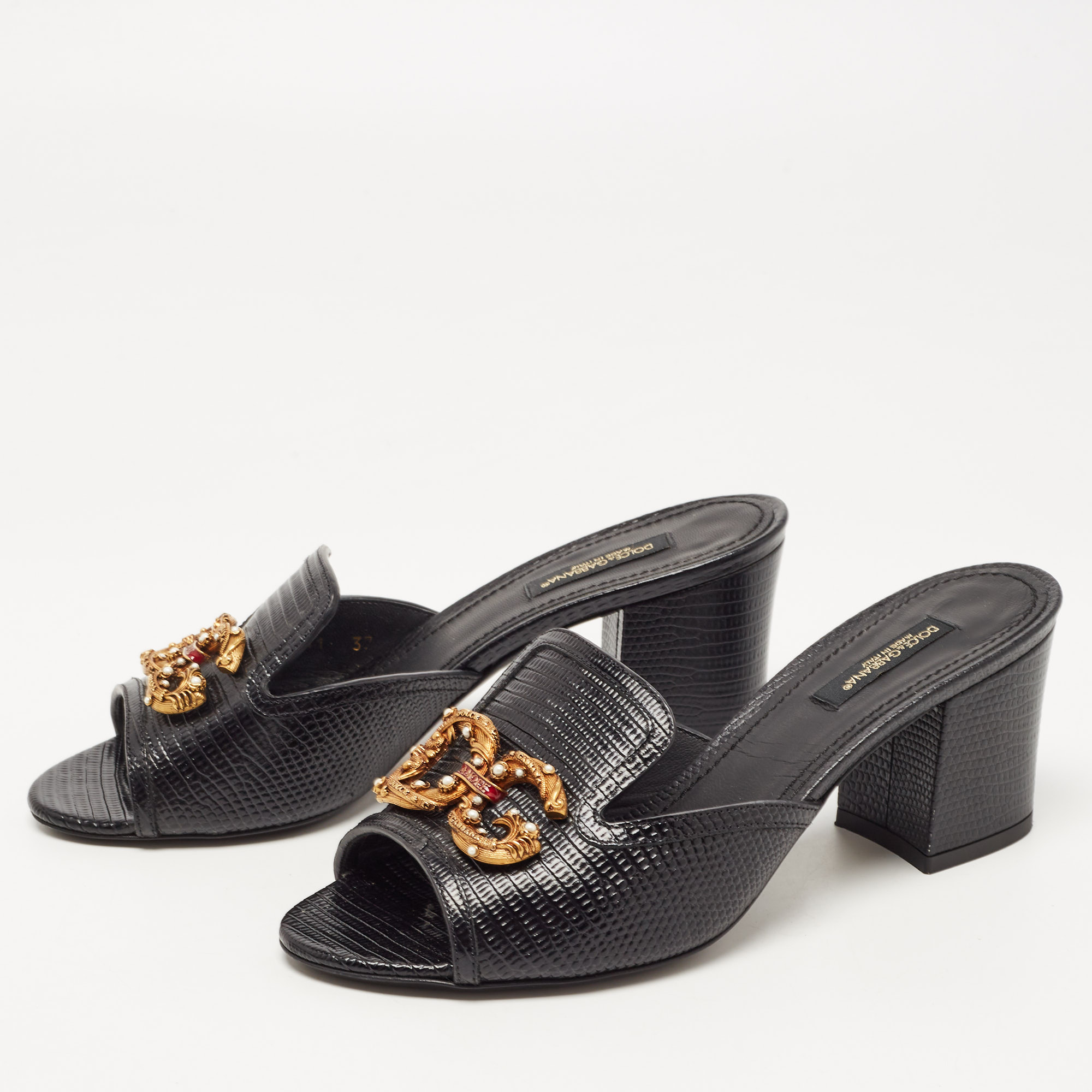 

Dolce & Gabbana Black Lizard Embossed Leather DG Amore Slide Sandals Size